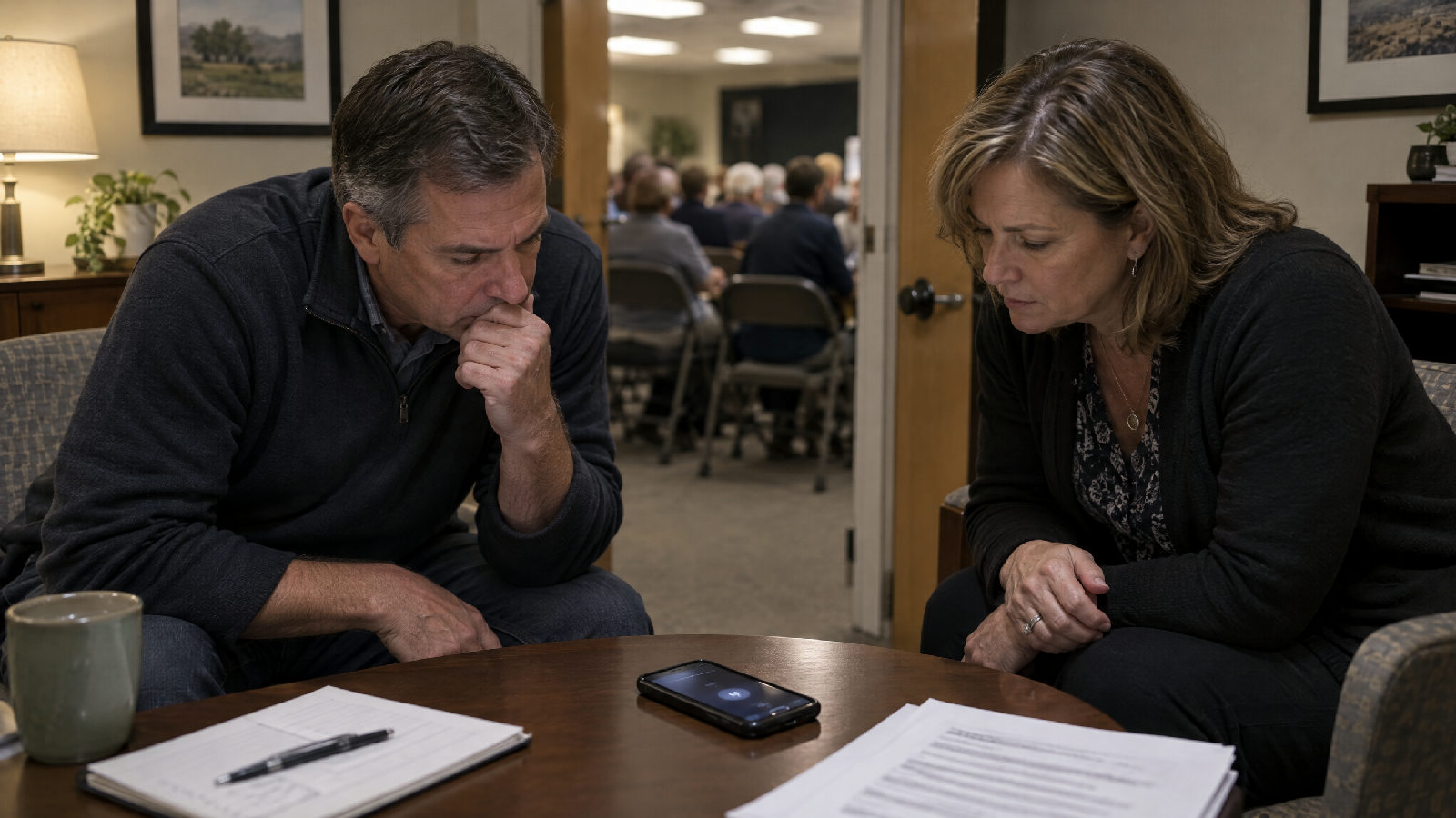 Two board members in a small side room speaking into a phone on speaker set on a table between them, the door ajar to a meeting room where neighbors wait in folding chairs