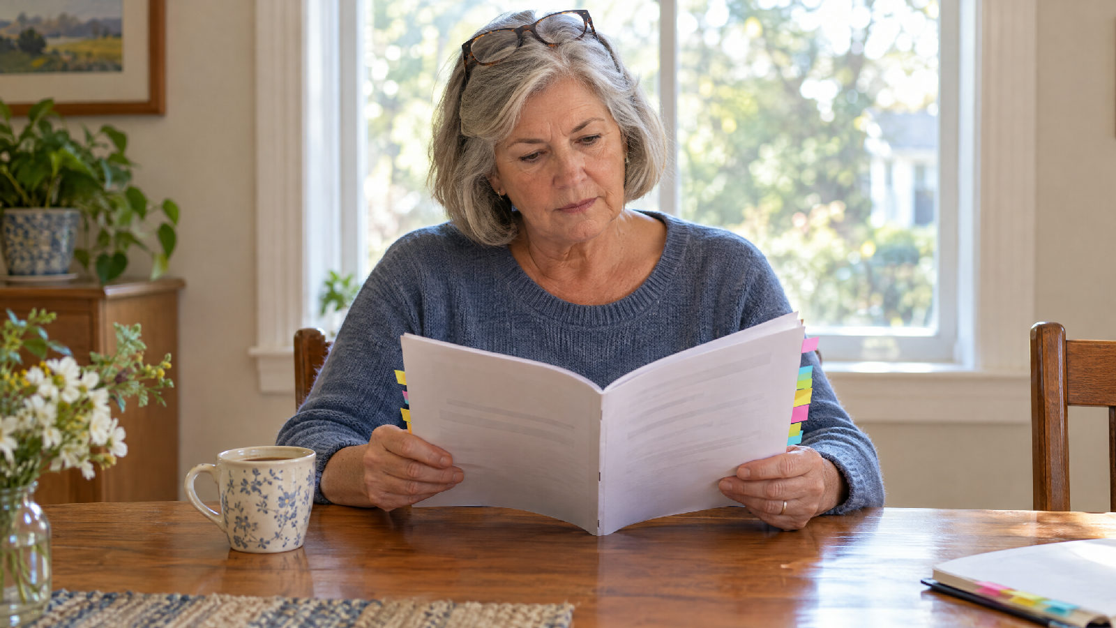 A board president at a dining table on a weekend morning, reading a slim stapled booklet bristling with colored sticky tabs, reading glasses pushed up, a mug beside her