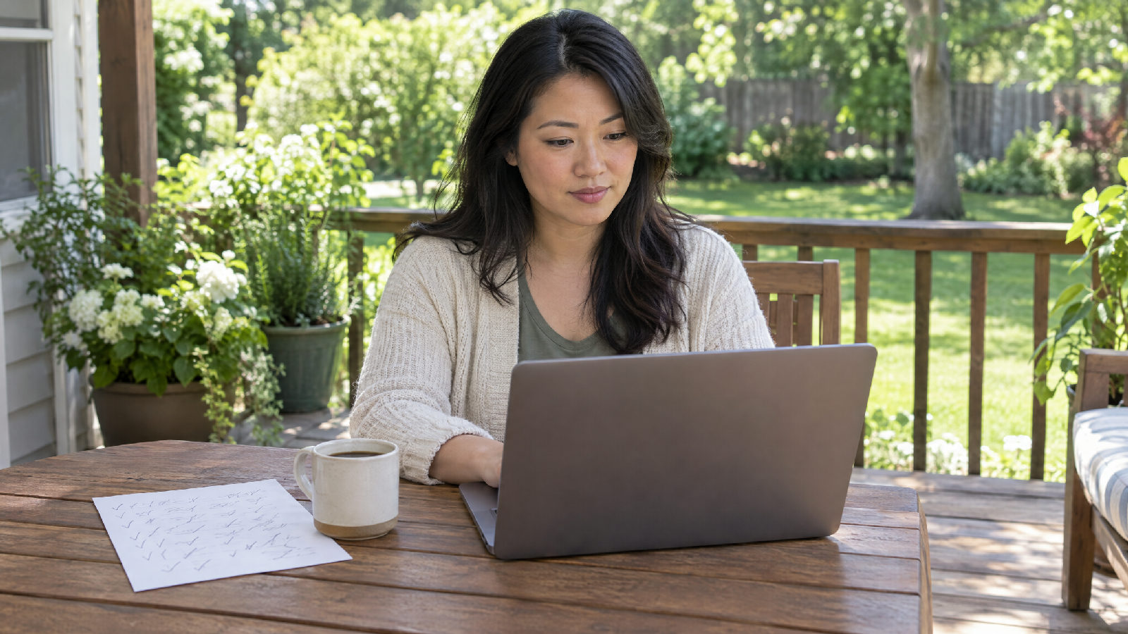 A board secretary on a back porch the morning after a meeting, typing on a laptop with a cup of coffee, a single sheet beside her covered in loose pen ticks