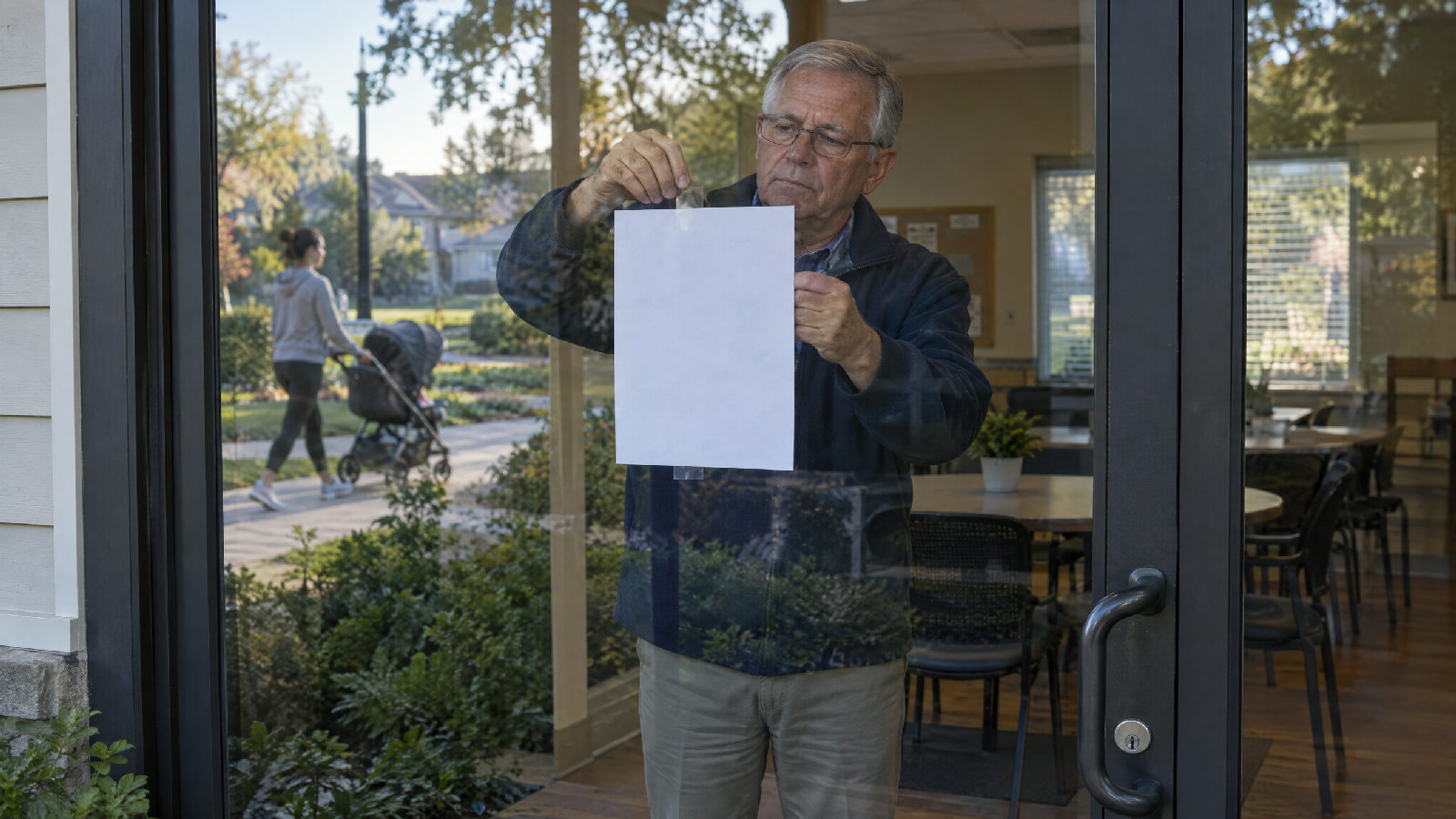 A board secretary taping a single sheet inside the glass entry door of a community clubhouse early in the morning, its blank back to the camera, a neighbor with a stroller passing outside