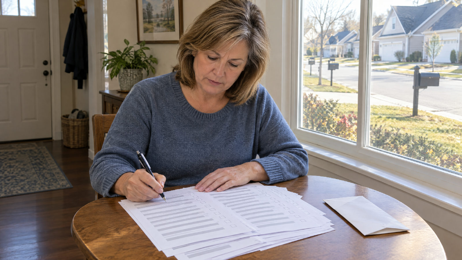 A homeowner at a table by her front window in morning light filling in a long printed household survey, an envelope beside it, a subdivision street with mailboxes outside