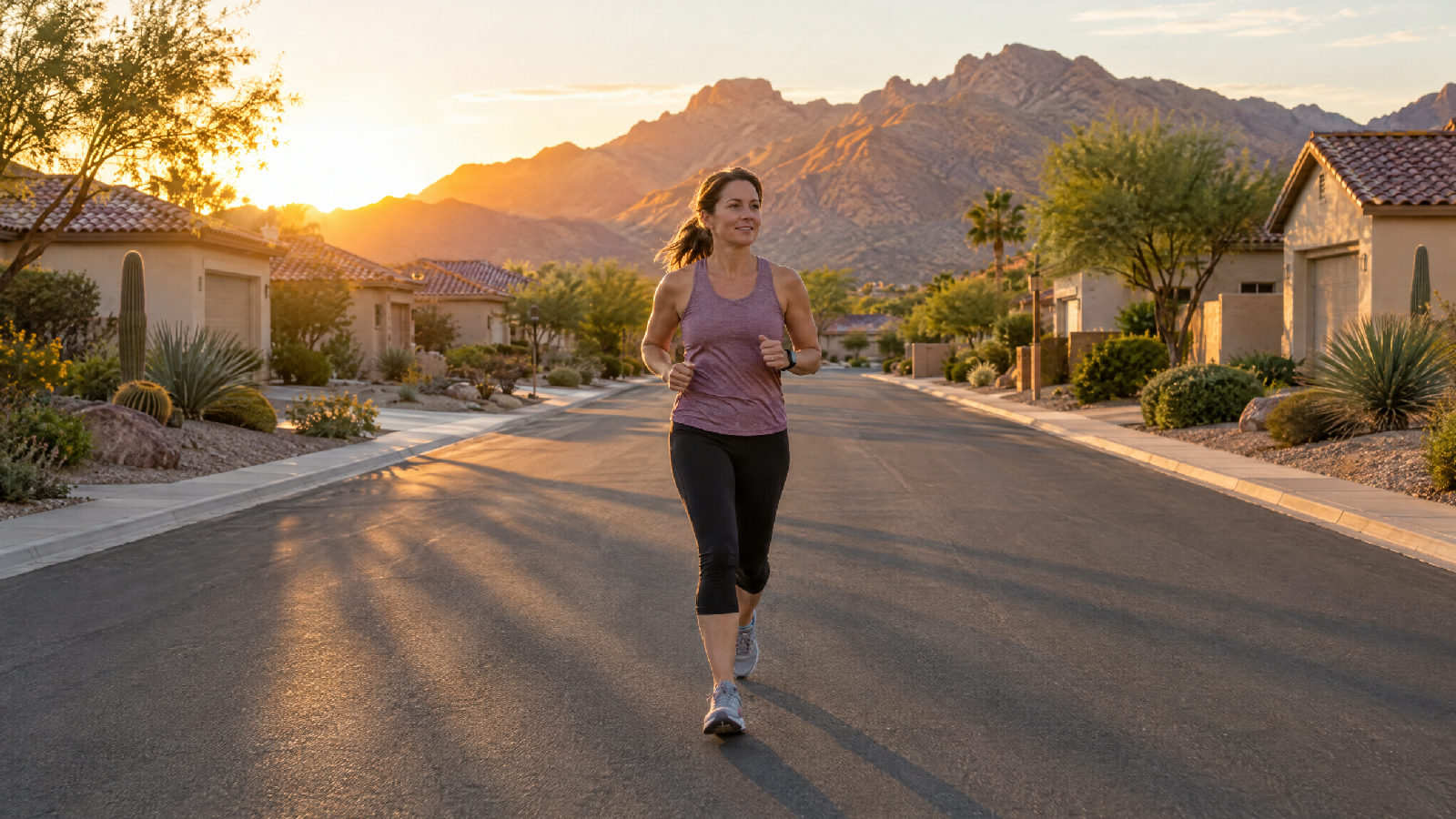 **Every state, its own answer.** The right comparison starts close to home. A woman jogging at sunrise down a street of stucco single-family homes with tile roofs, desert mountains behind the subdivision