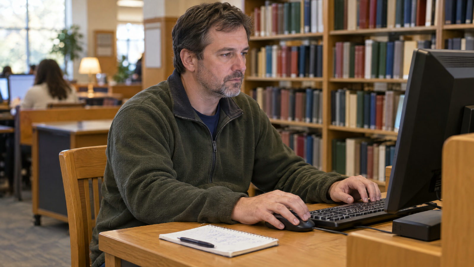 **Five minutes, one table.** The county figure is the closest public benchmark a board has. A board member at a library computer on a weekday afternoon, the monitor turned away from the camera, a notepad with loose pen strokes beside the keyboard