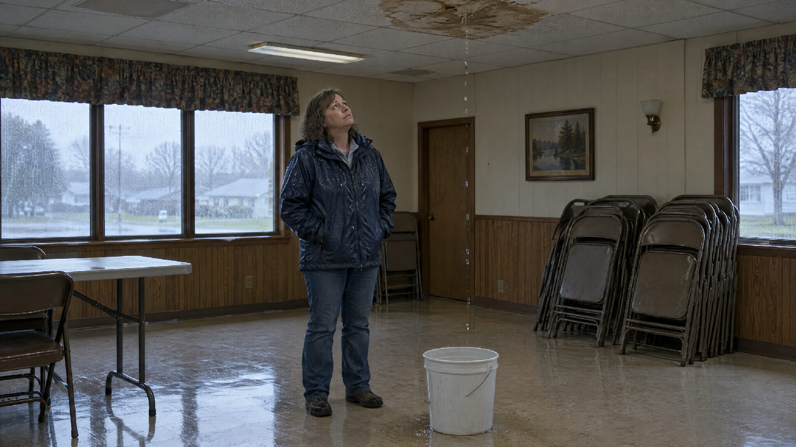 **Low dues, deferred bill.** A median says nothing about what the reserve fund can cover. A board member looking up at a water-stained ceiling tile in a community clubhouse while rain drips into a plastic bucket on the floor
