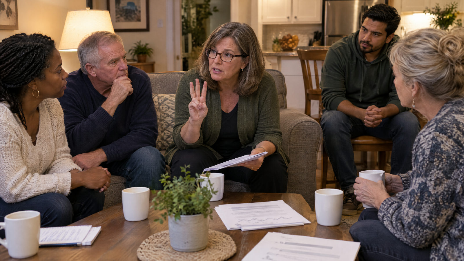 **The number, then the reason.** A median starts the conversation, and the board finishes it. In a living-room budget meeting, a treasurer holds up three fingers as she makes her point while four neighbors on a sofa and kitchen chairs listen