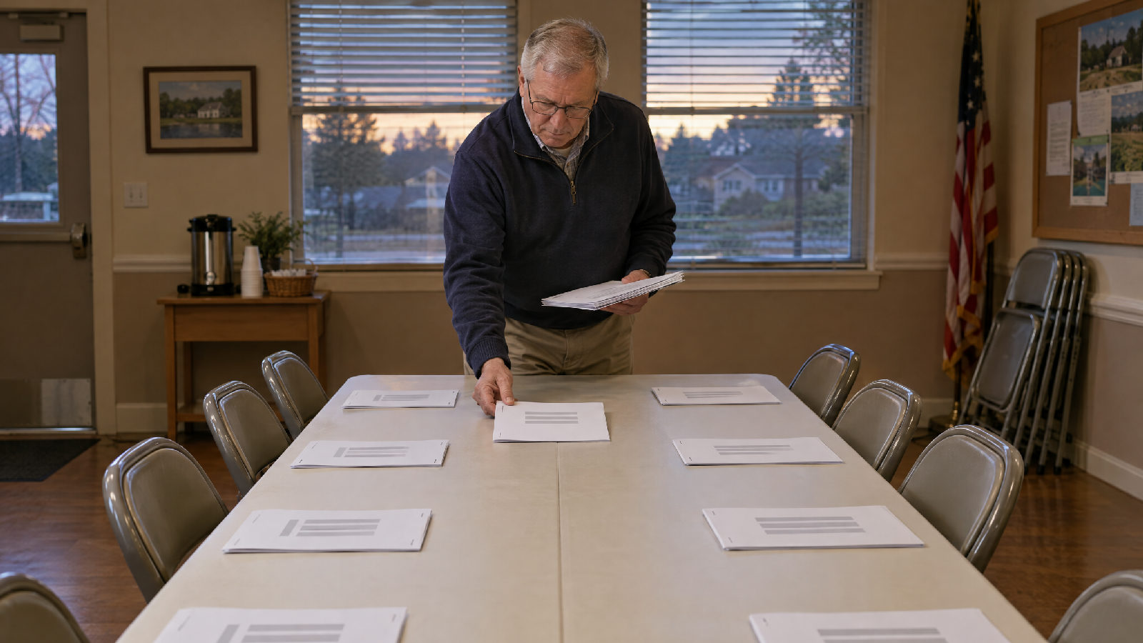 **The question every budget meeting asks.** For the first time there is a federal number to answer it with. A board treasurer standing at a clubhouse table before a budget meeting, setting one printed budget at each empty chair as the evening light fades