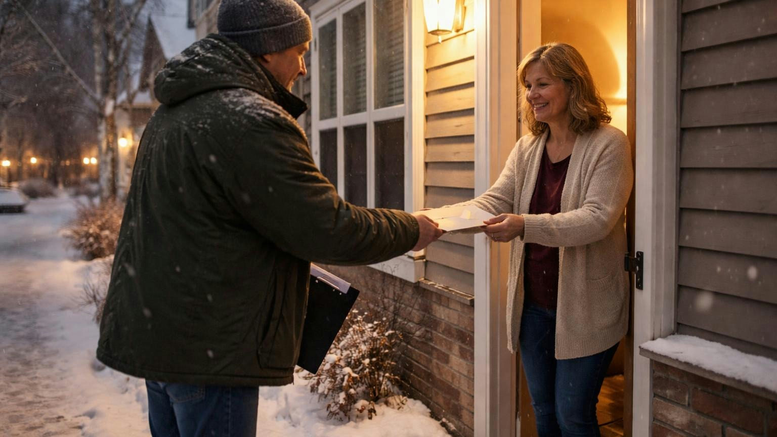 A board member on a snowy townhome walk in the evening handing an envelope to a neighbor standing in her open doorway, porch light on