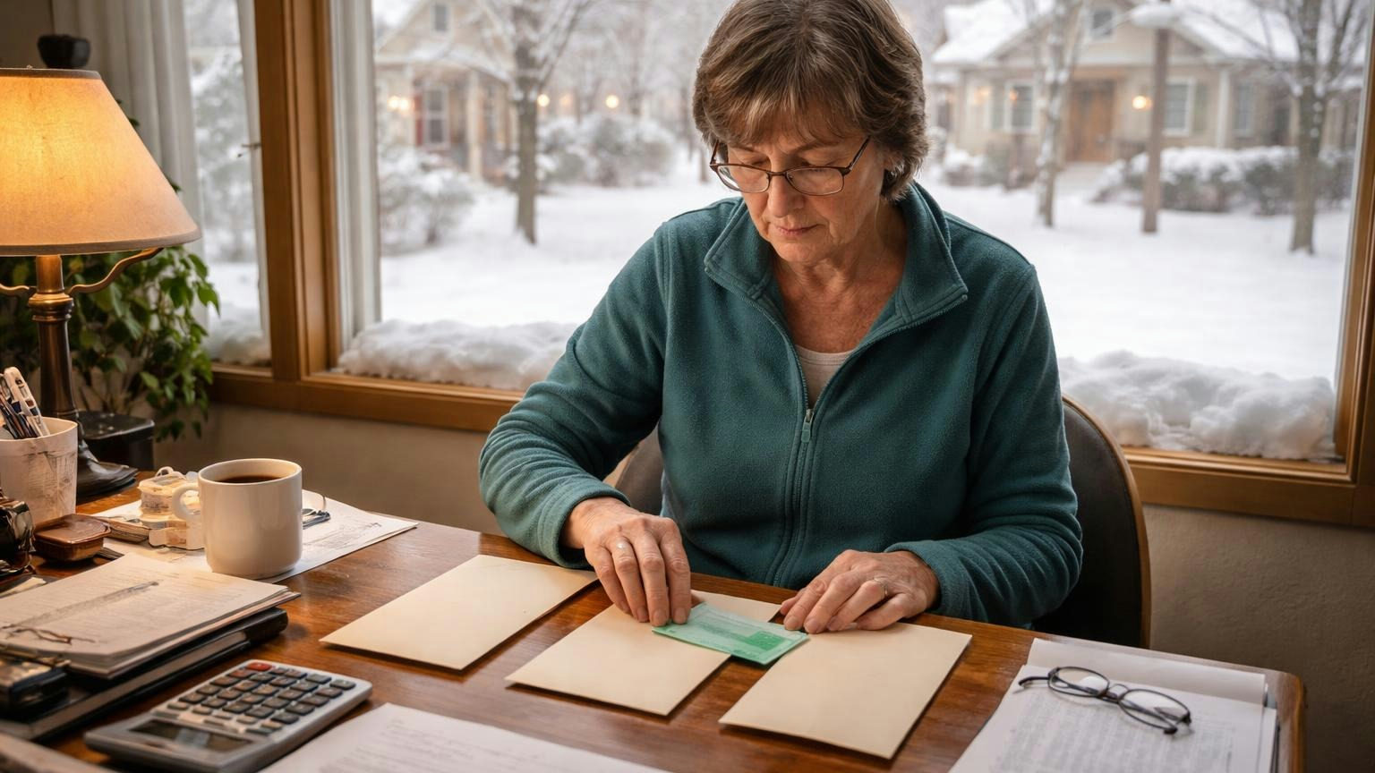 A treasurer at a home desk on a winter morning setting three plain sealed envelopes in a row and pressing a green certified-mail card onto the last one, snow on the window ledge; no readable text
