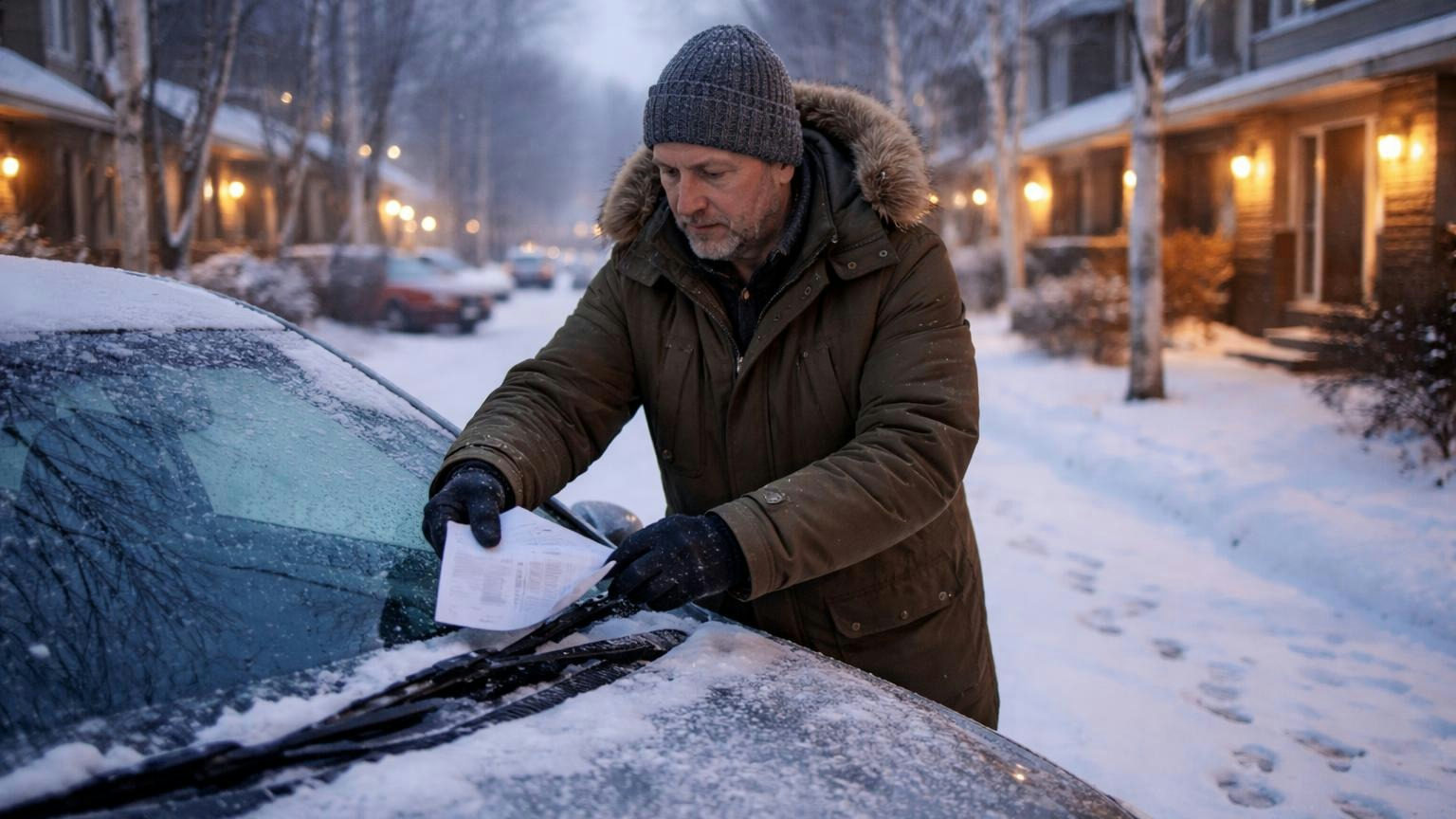 A homeowner in a parka on a snowy townhome street at dusk pulling a plain folded notice from under the windshield wiper of a parked car, porch lights on, fresh footprints in the snow; no readable text