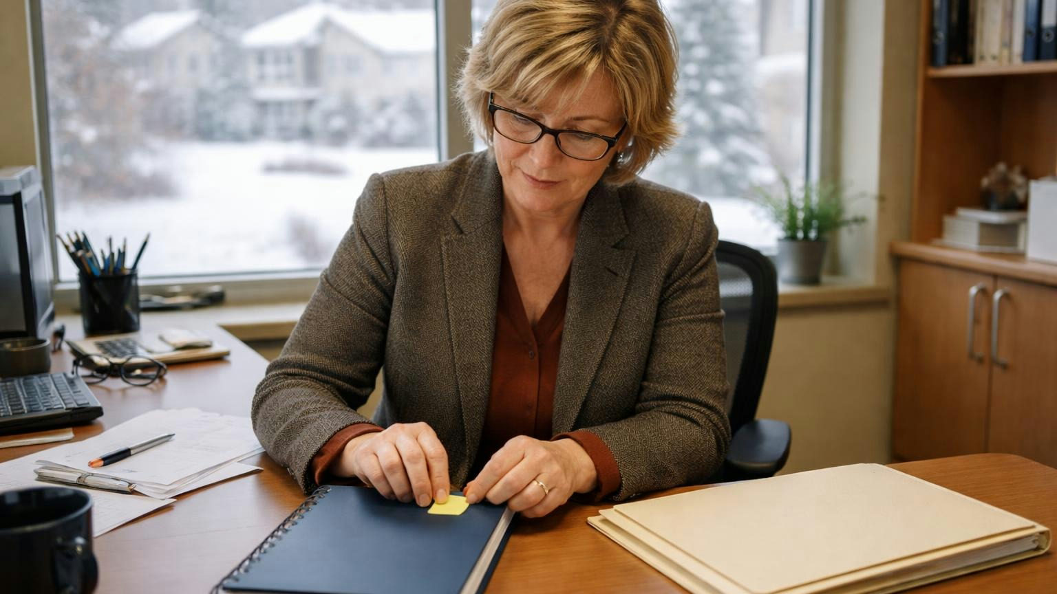 A board member at a small office desk in winter flipping a paper desk calendar forward three months and pressing a blank sticky flag onto that page, a closed contract folder beside it; no readable text