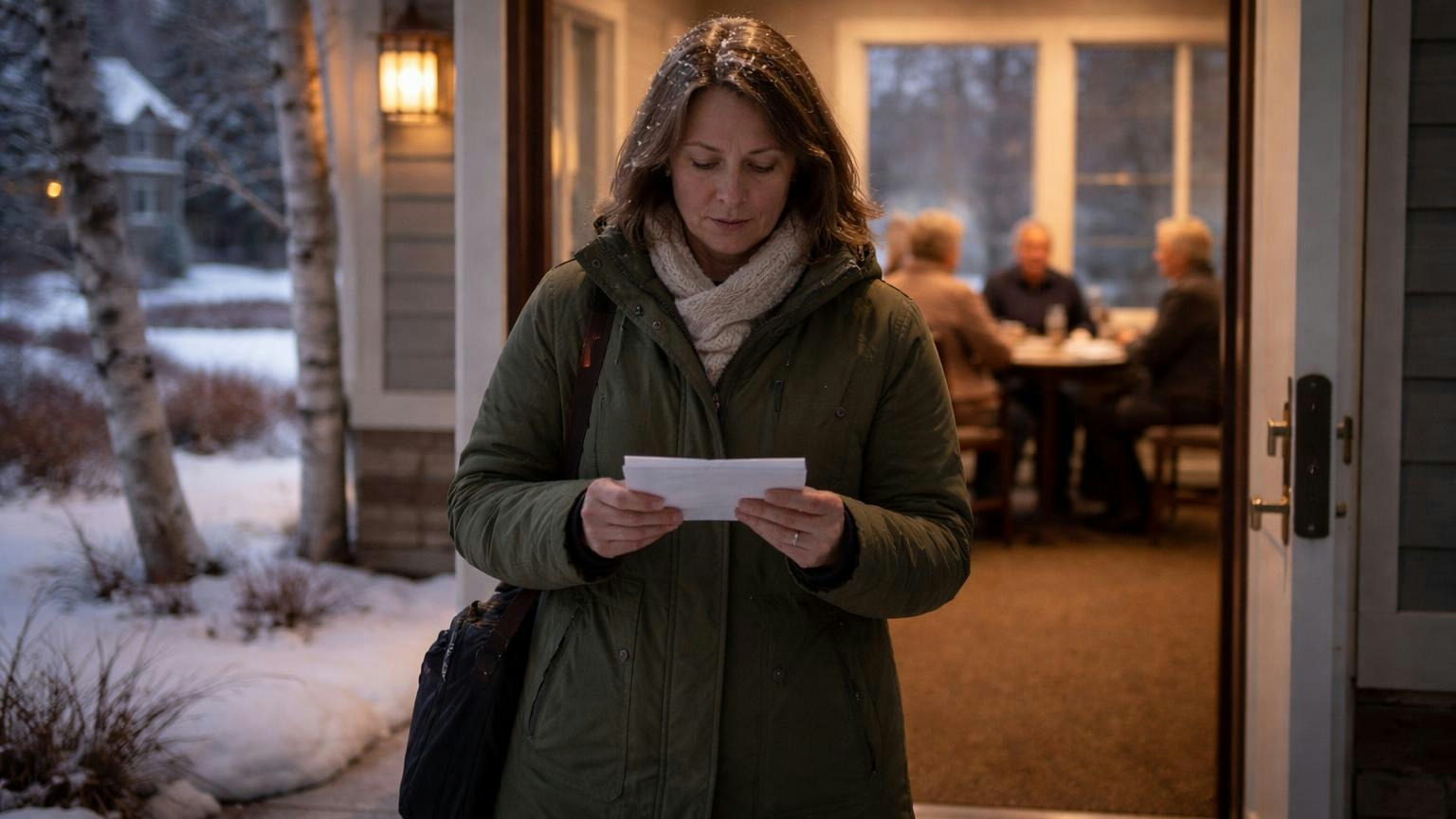 A woman in a winter coat standing in a clubhouse doorway holding a single folded letter, a board table with three seated people visible beyond her, late afternoon light; no readable text