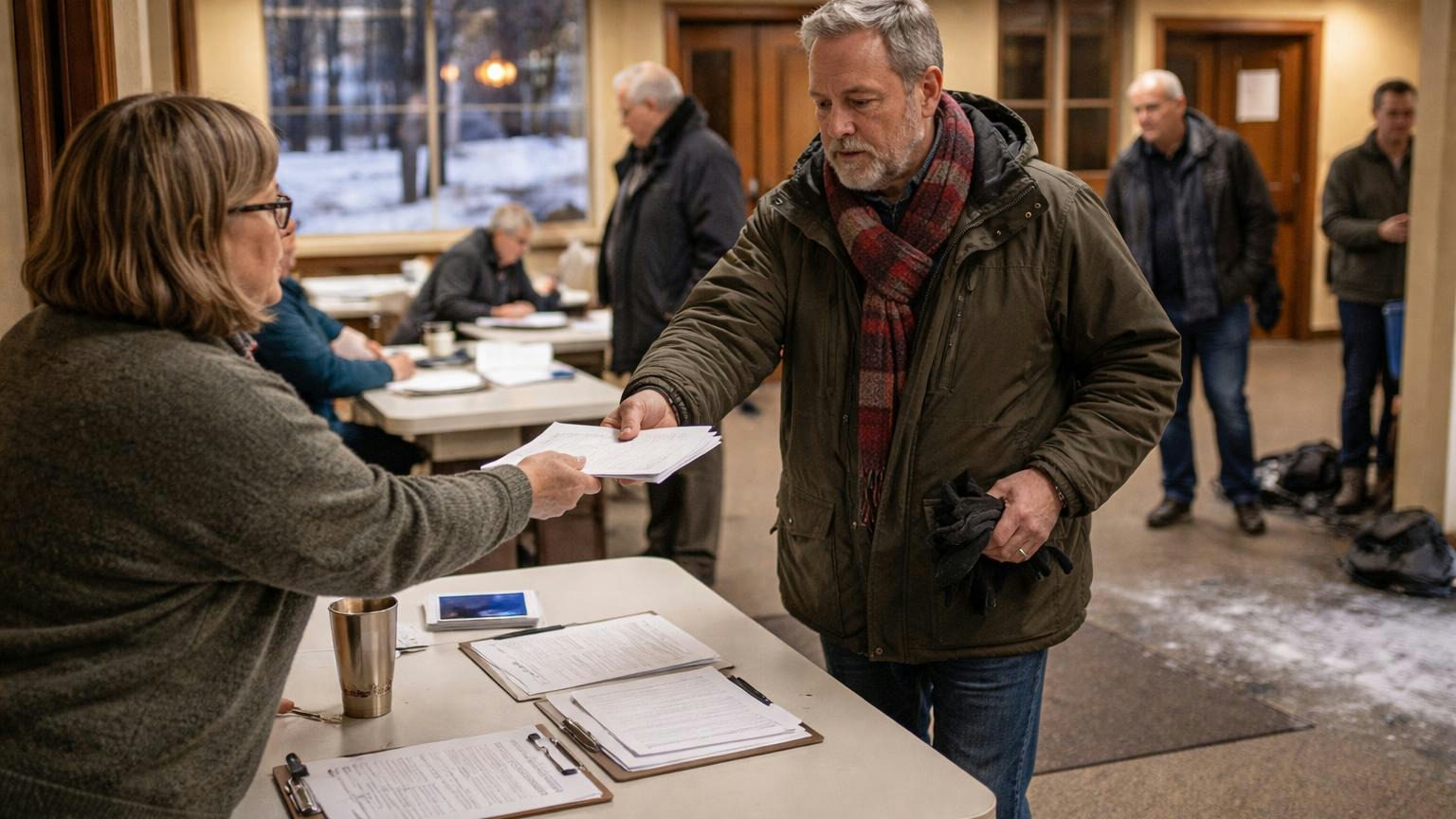 In a church-basement meeting room on a winter evening, a homeowner in a coat and scarf takes a stapled agenda packet from a stack a board member holds out at the sign-in table, wet boots on a mat behind them; no readable text