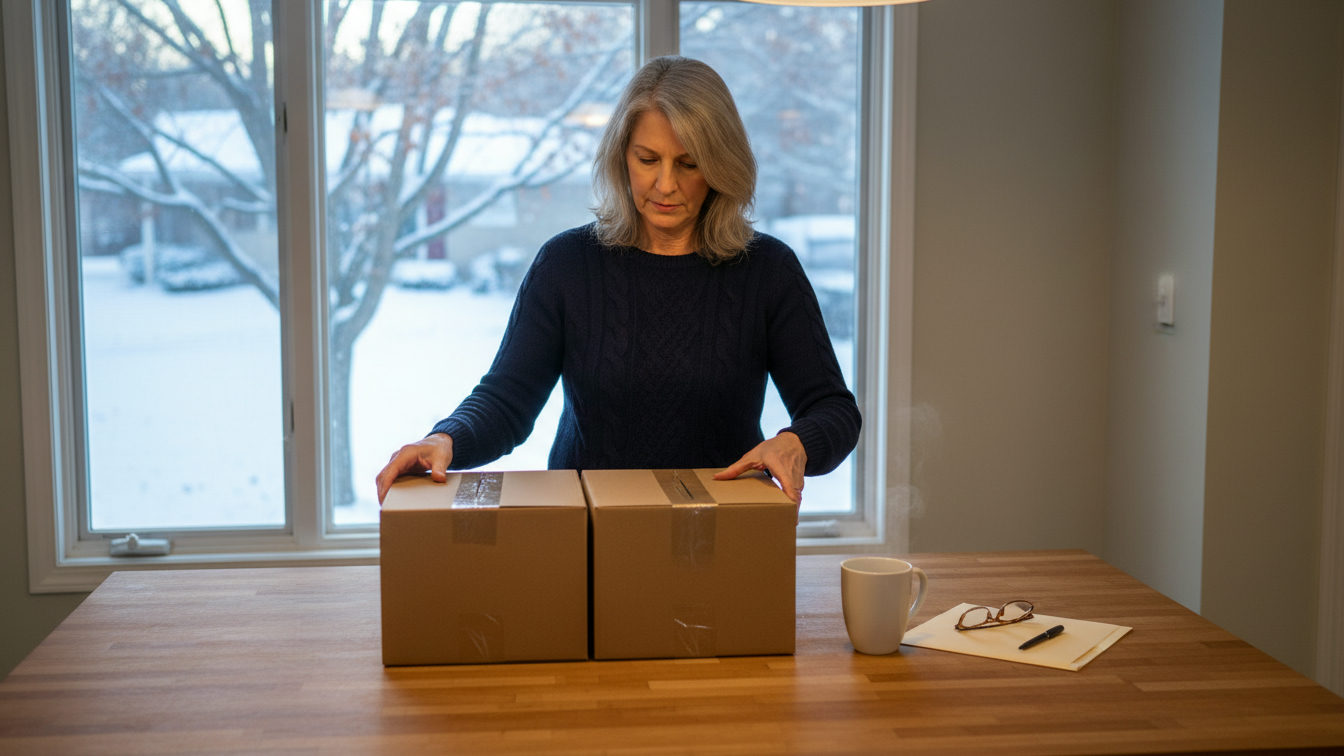 A board treasurer on a snowy January morning squaring two plain file boxes on her kitchen island, a mug and her reading glasses beside them