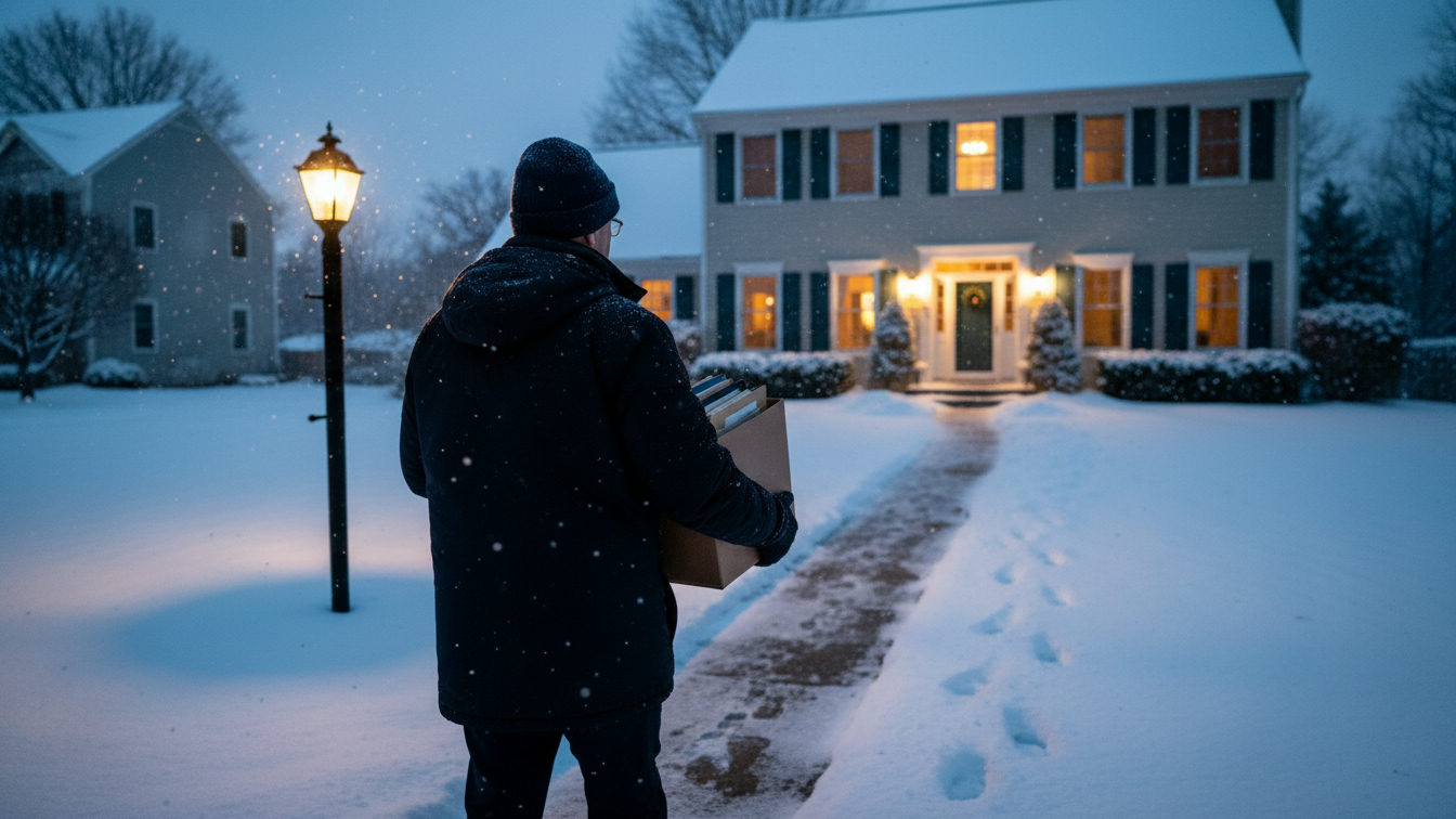 **January 1, 2027.** Three state laws start the same day, and each one asks for the records. A board member on a snowy winter evening carrying a box of plain folders up a neighbor's front walk, the porch light on