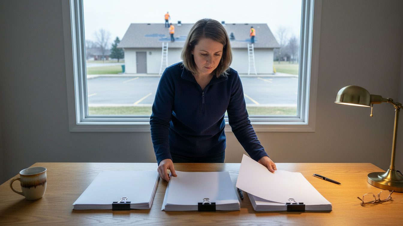 **Three bids, and the reasons.** Minnesota asks a board to keep why it chose, not only what it signed. A board member in a clubhouse office on a weekday afternoon laying three thick plain bid packets side by side on a desk, a reroofing crew visible through the window
