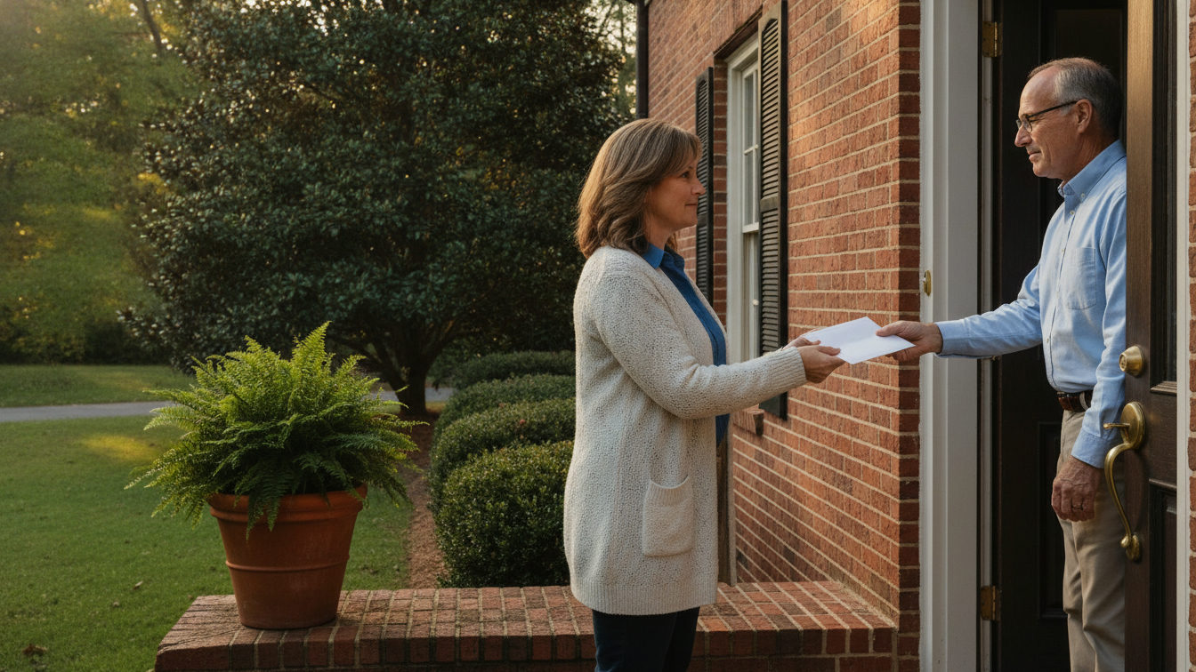 **Three years, on written demand.** Georgia owners gain the right to the balance sheet, budget and bank statements. A homeowner at a board member's front door in the afternoon holding out a sealed plain envelope, the board member taking it in the doorway