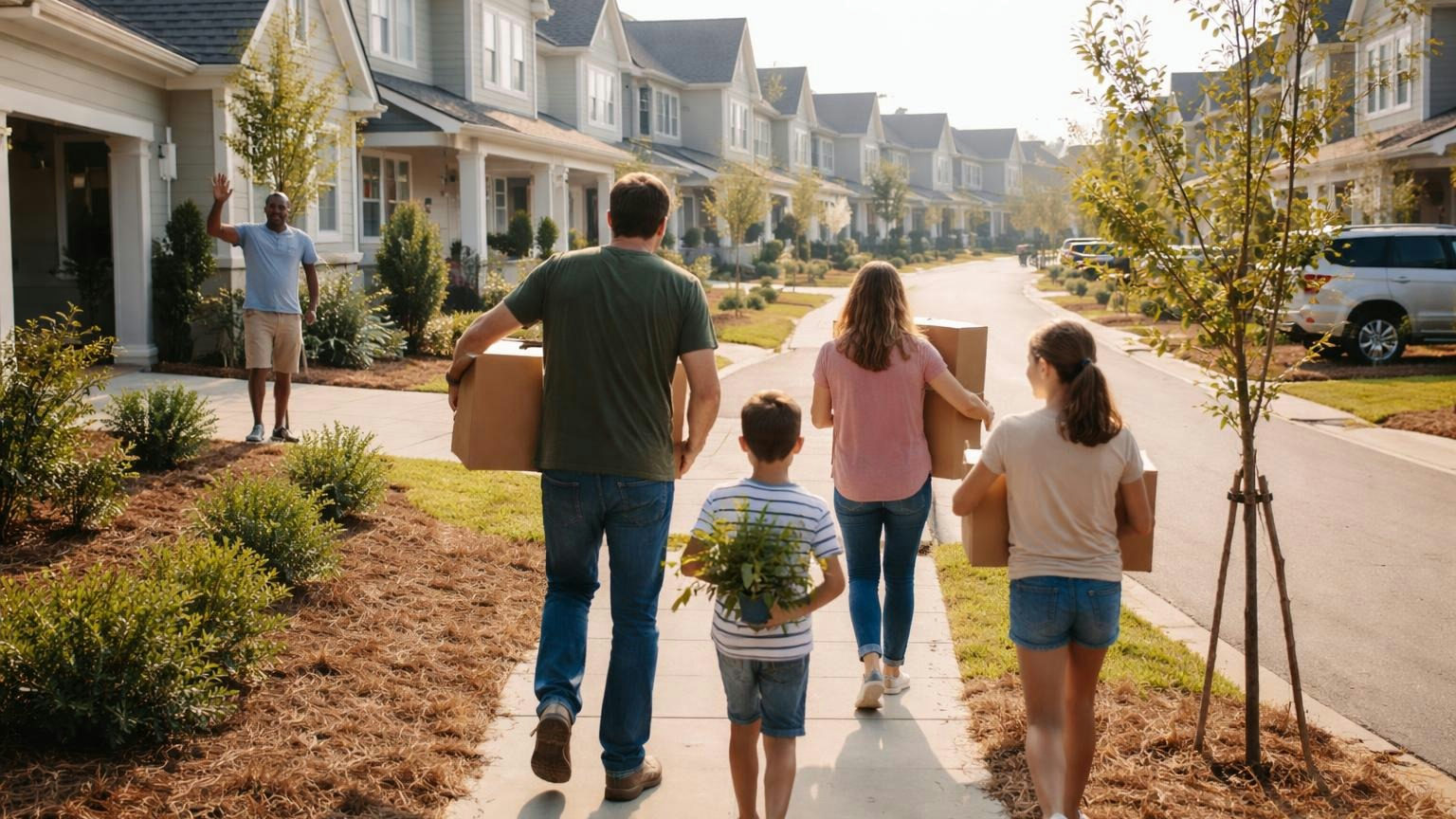A family carrying moving boxes up the front walk of a just-finished house on a brand-new street while a neighbor waves from the next driveway