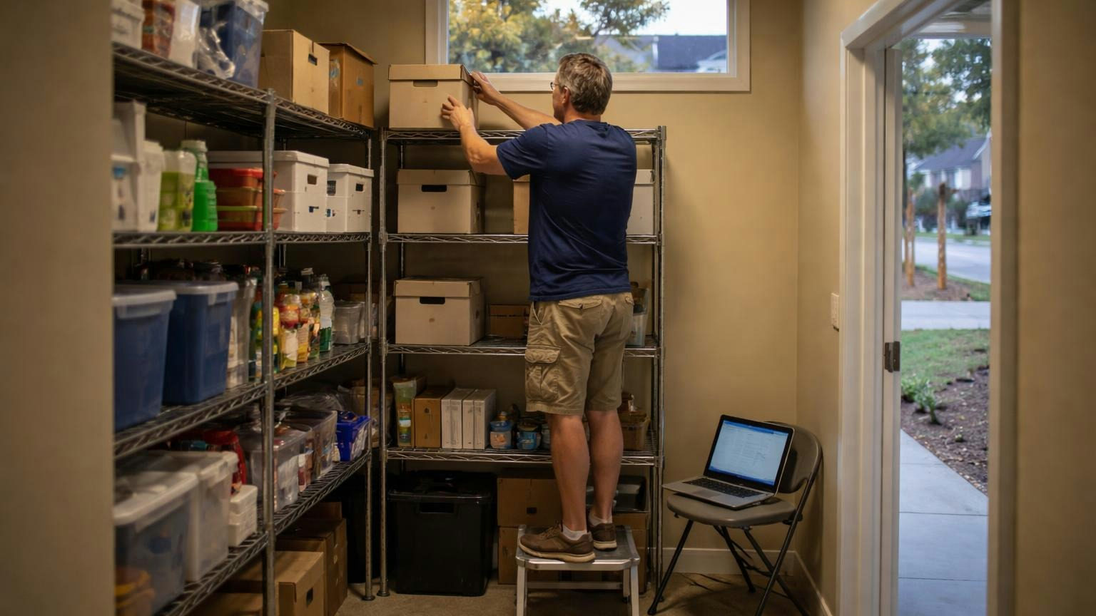 **After the handover.** The closed years kept where the board can open them. A board member on a step stool setting a single file box on a shelf in a small amenity-center storage room, a laptop open on a folding chair below, evening light through a high window; no readable text