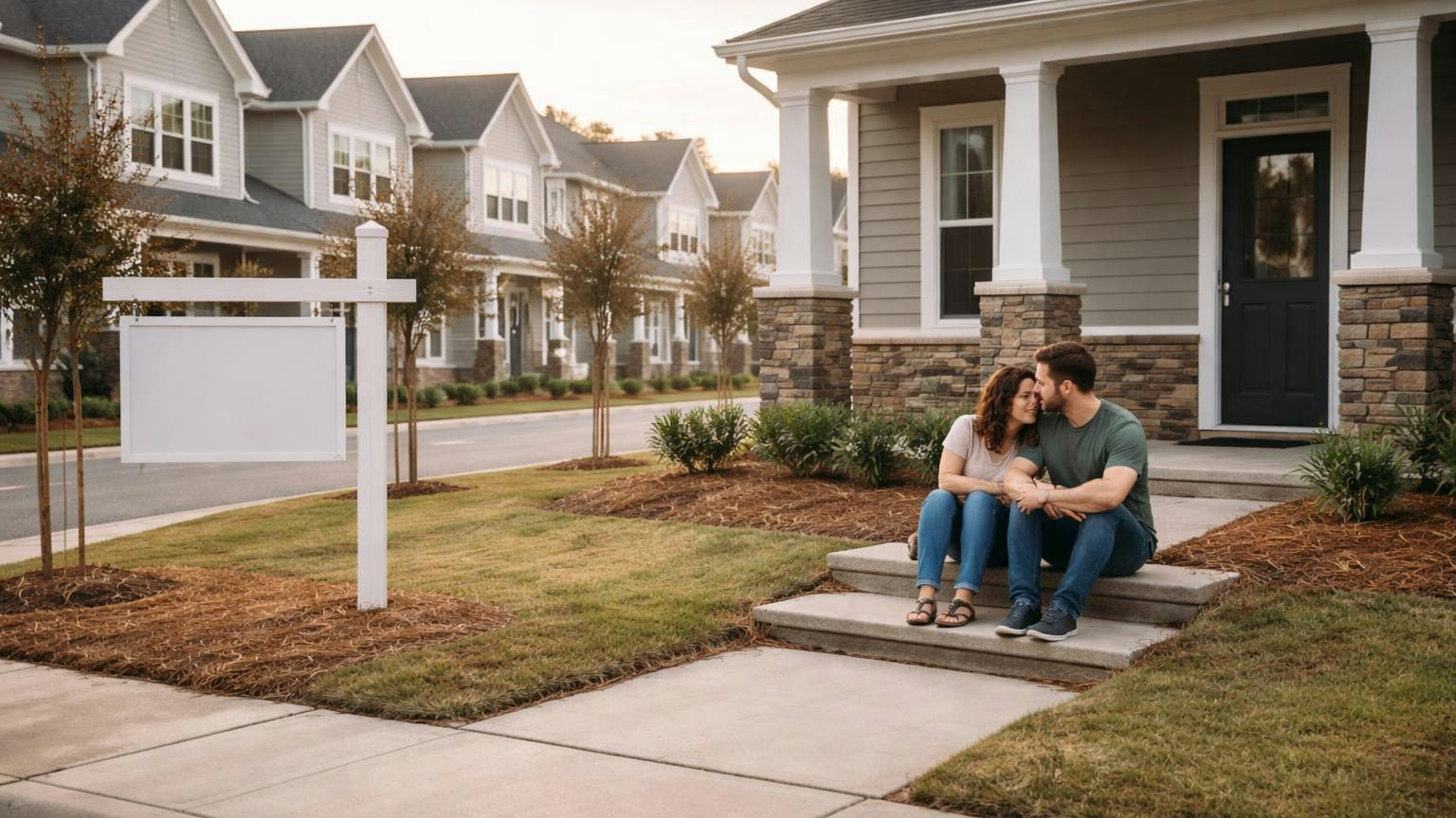 **Four in five.** New single-family homes sold in 2025 that came with an association. A young couple on the front step of a just-finished house on a new street, a blank builder's sign at the corner and identical rooflines behind them, soft morning light; no readable text