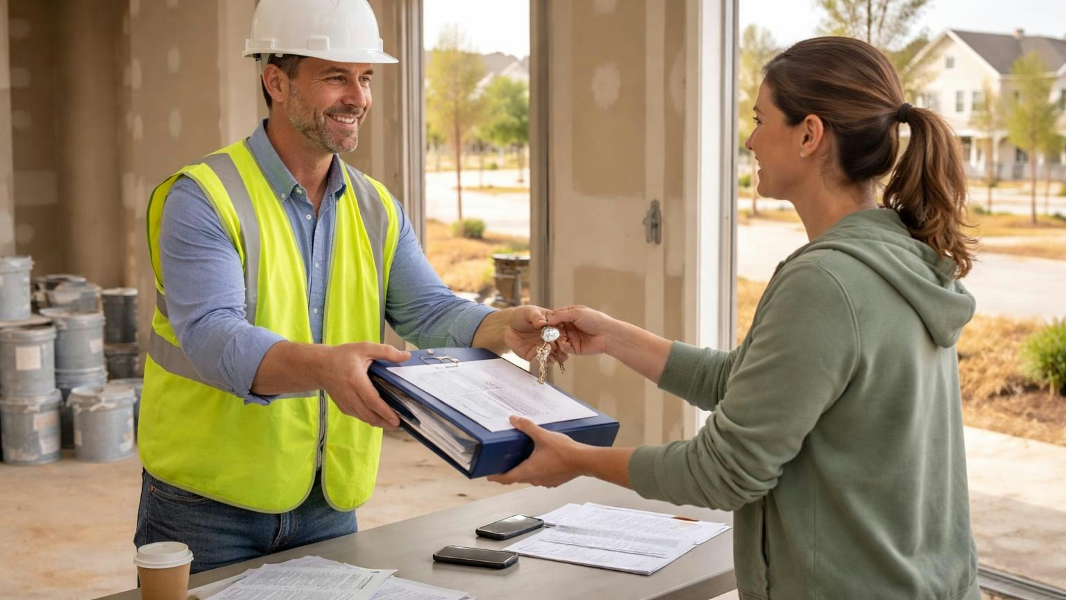 **The books come too.** A turnover hands over the records, not just the keys. A builder's site manager in a hard hat handing a thick ring binder and a ring of keys across a folding table to a homeowner inside an unfinished amenity center, paint cans and bare drywall behind them, afternoon light; no readable text