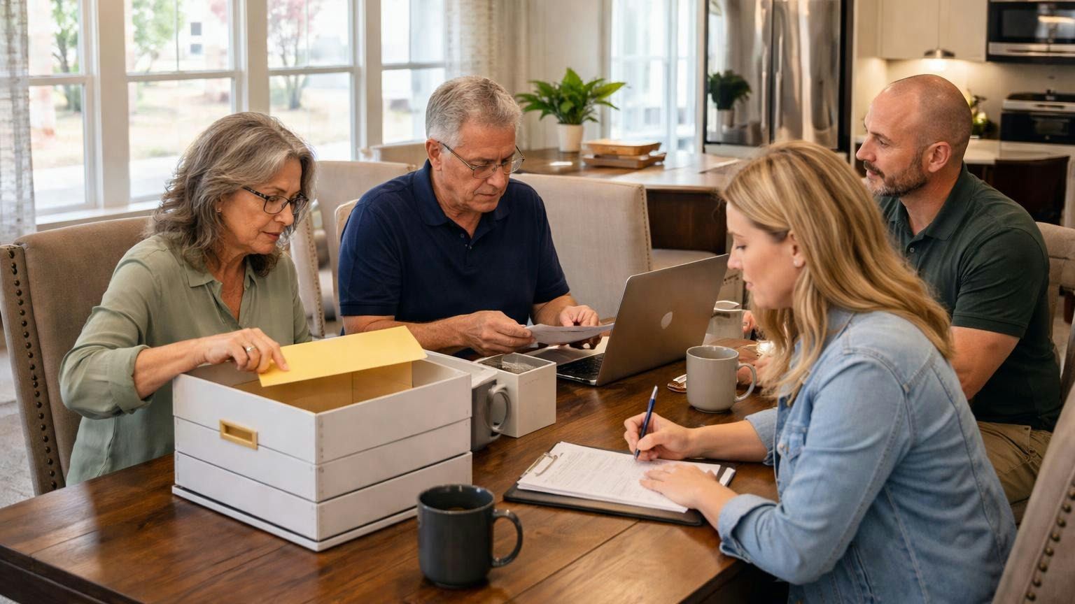 **Turnover day.** Each item arrives with a date, or it does not count as arrived. Two newly elected board members at the dining table of a furnished model home going through banker's boxes and a laptop with a builder's representative across from them, one checking items off a printed list; no readable text