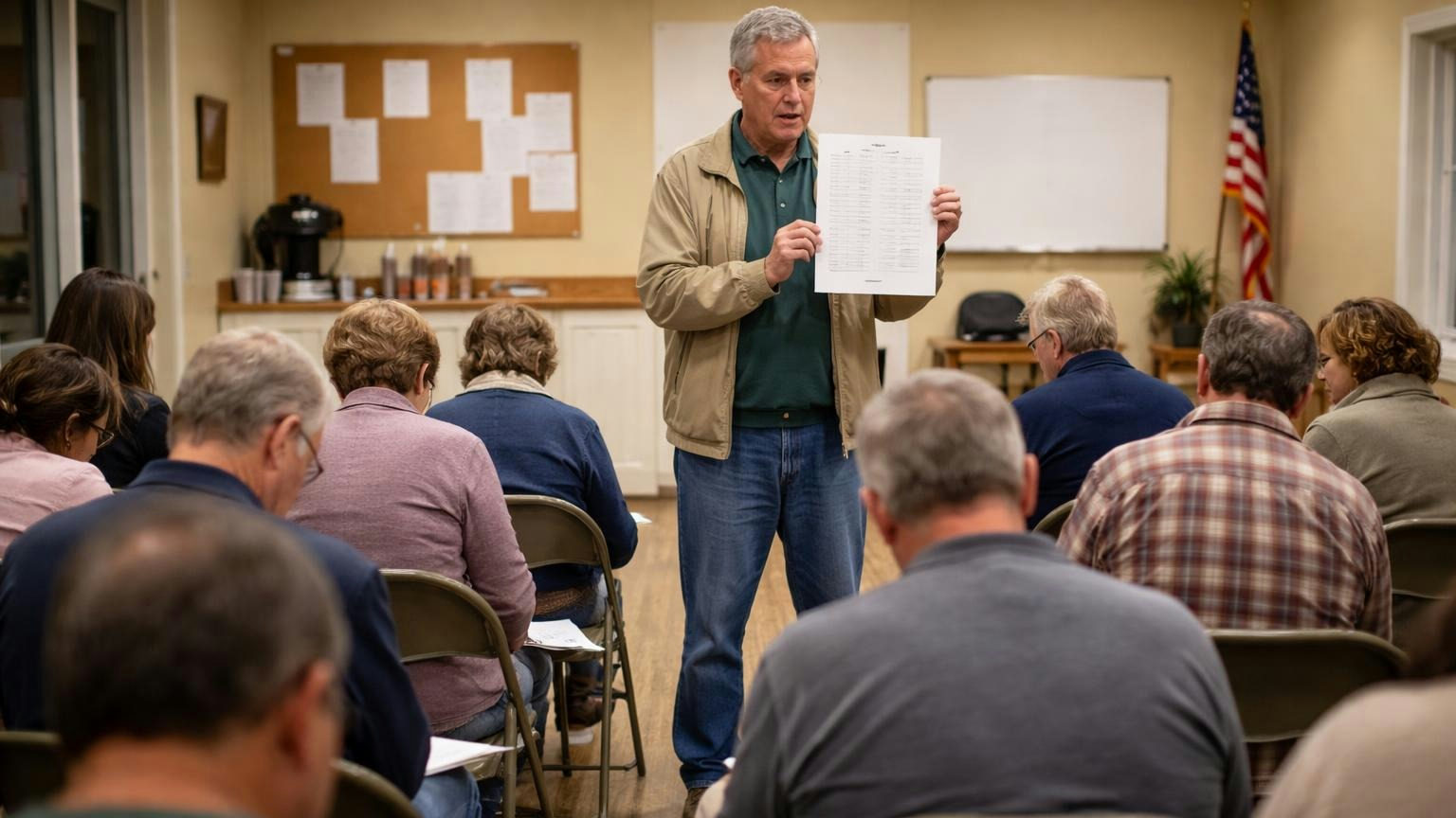 A board president at the front of a half-full clubhouse room on an autumn evening holding up a blank sign-up sheet while neighbors look down at their laps