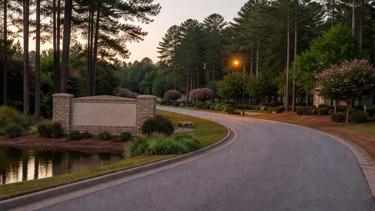 A neighborhood entrance road curving past a blank, unlettered stone entrance wall and a small retention pond at dusk, a single streetlight coming on, no people, no readable text
