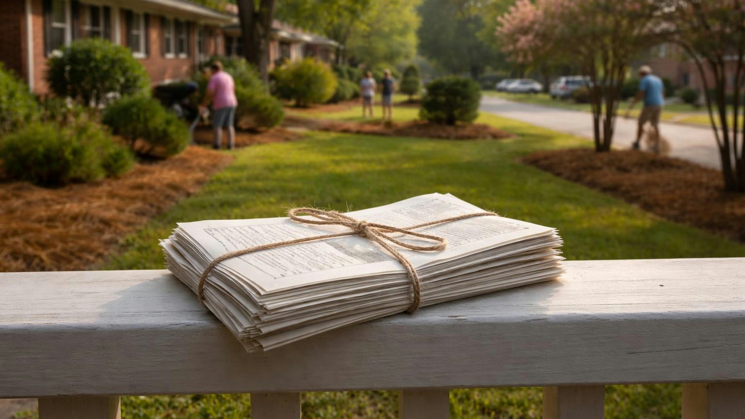 A folded set of recorded property papers tied with string resting on a porch rail in morning light, a row of front yards and a shared green behind, all paper shown as soft grey blocks, no readable text