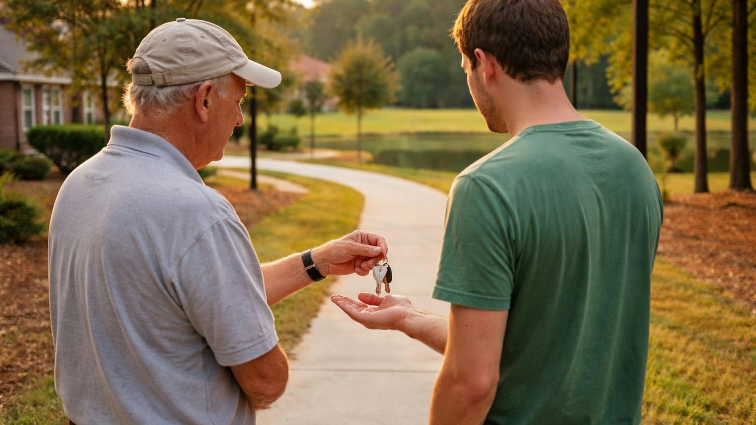 On a front walk at golden hour, an older neighbor places a ring of keys in a younger neighbor's open hand, a retention pond and a row of young trees behind them, faces turned away, no readable text