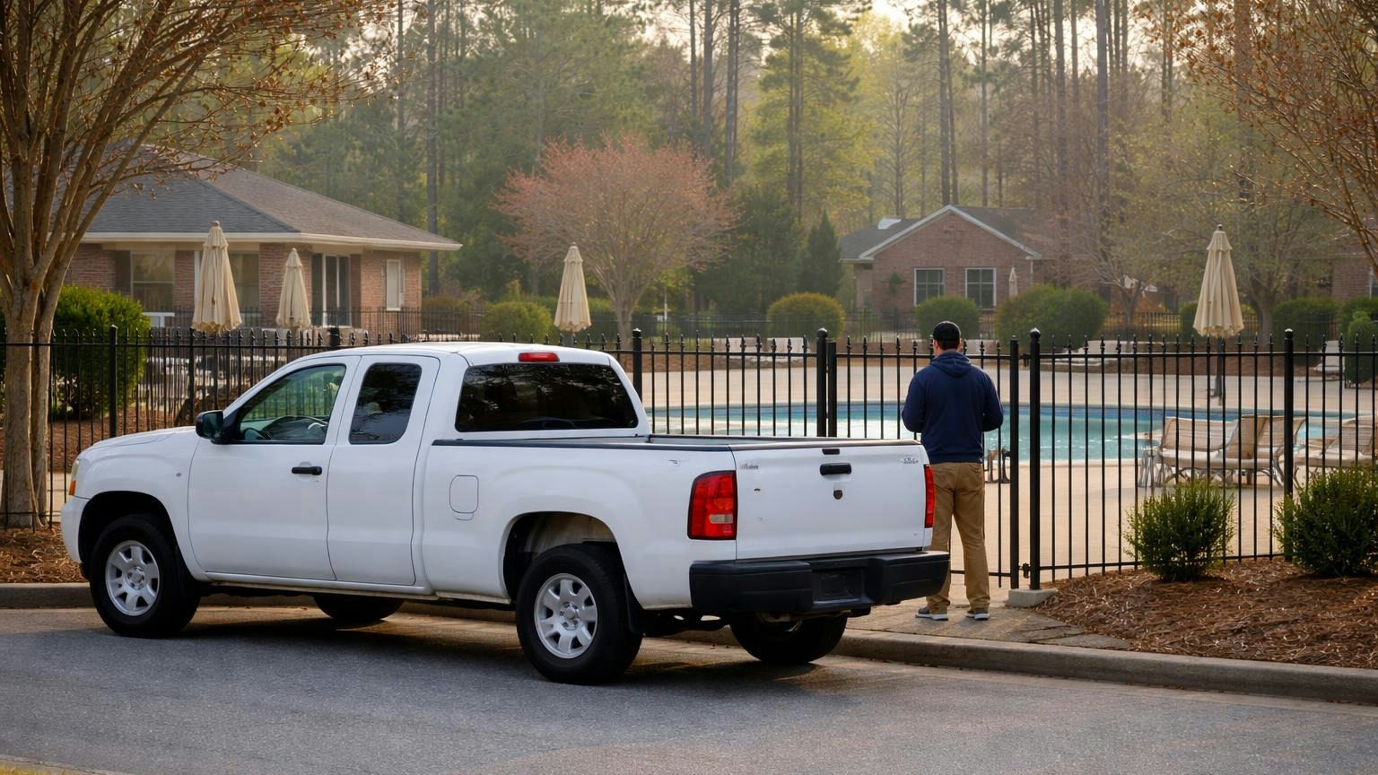 A pool service truck parked beside a quiet community pool on an early spring morning, a technician unlocking the gate with his back to the camera, no readable text