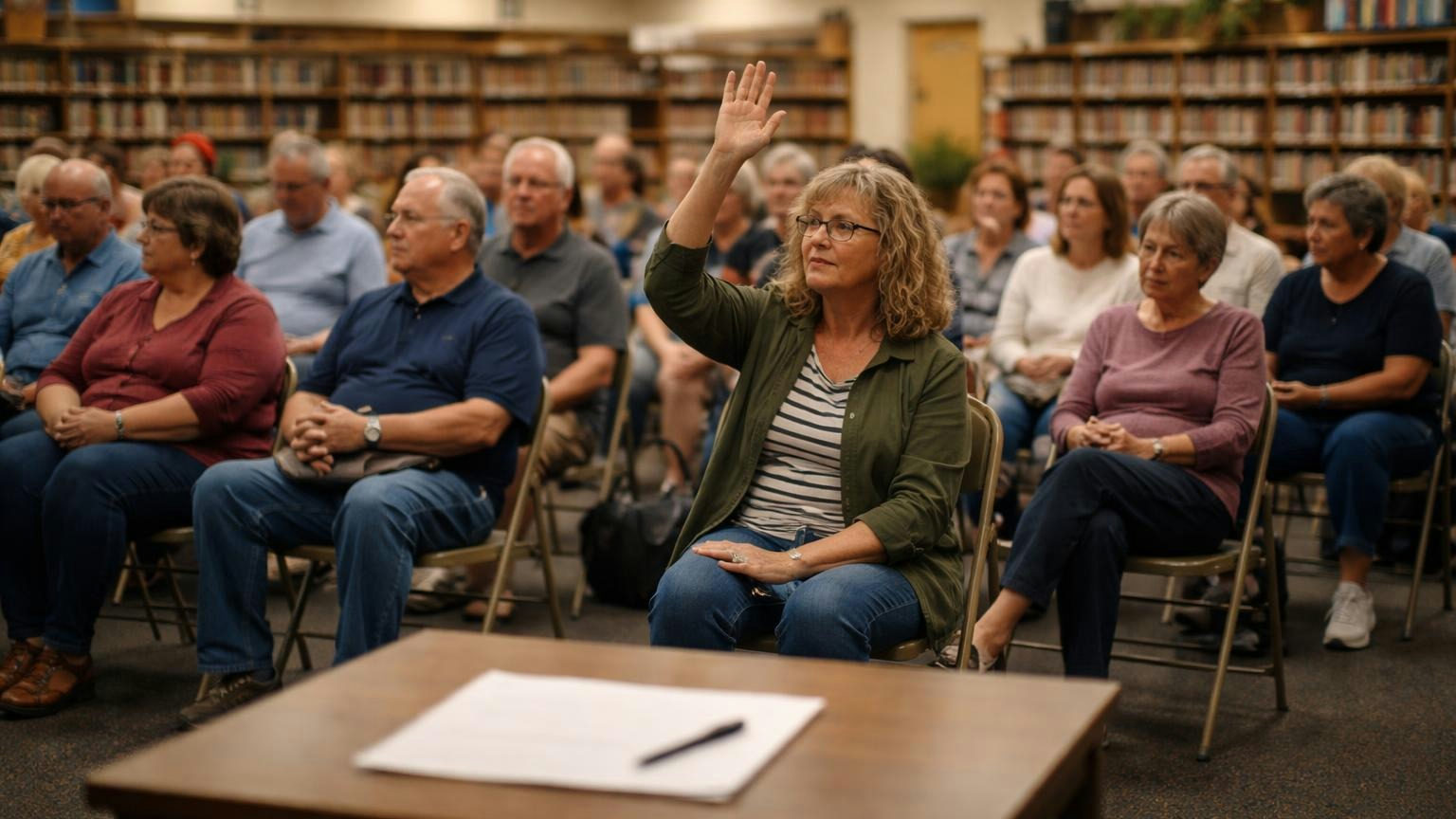 Neighbors in folding chairs in a school library meeting room on an autumn evening, a woman in the third row raising her hand while a small table at the front sits empty with a blank sheet and an unused pen, no readable text