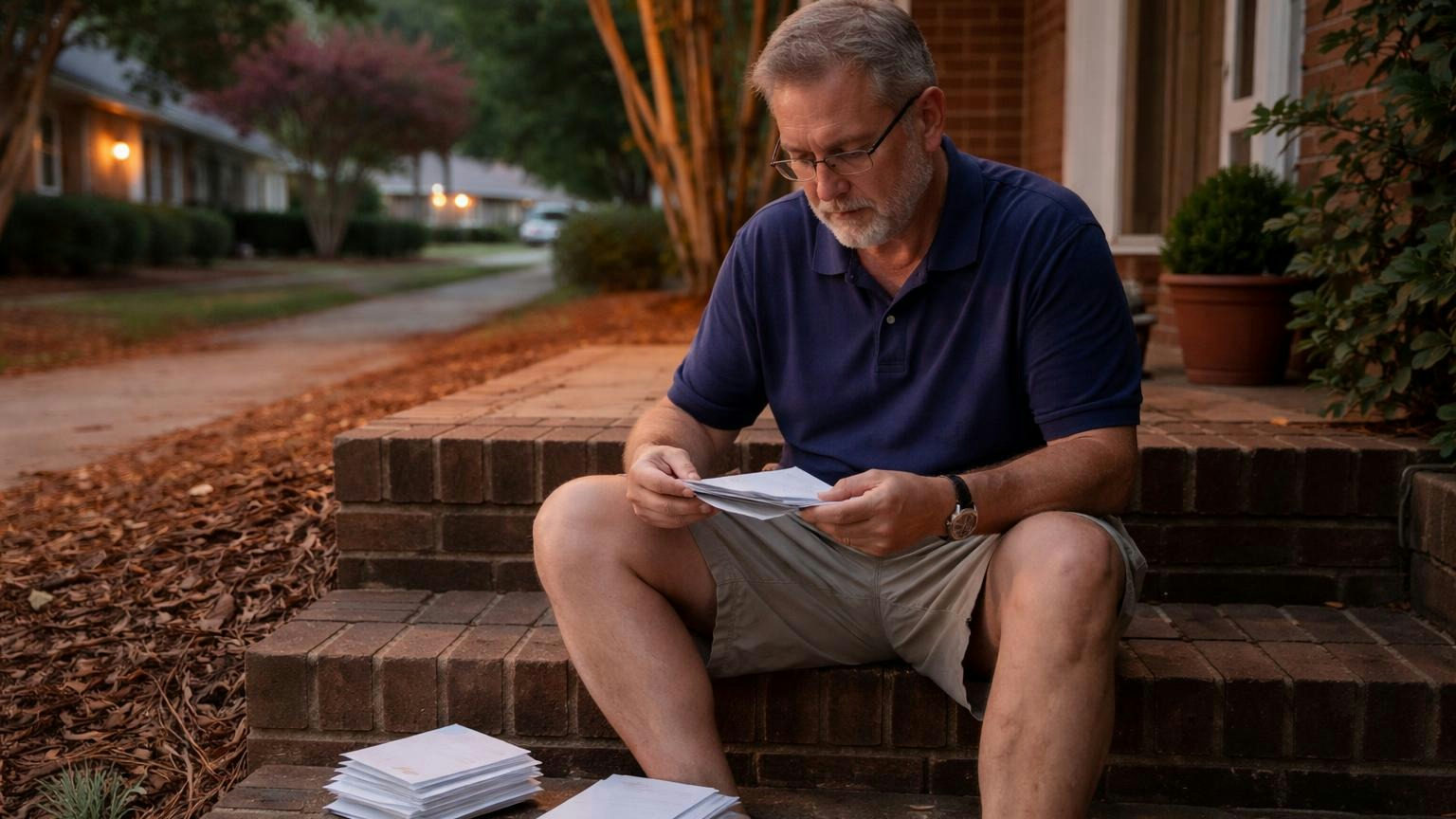 A board member sitting on his front porch steps at dusk sorting a handful of unopened envelopes into two piles, an autumn street of front yards behind him, all paper shown as plain blank envelopes, no readable text