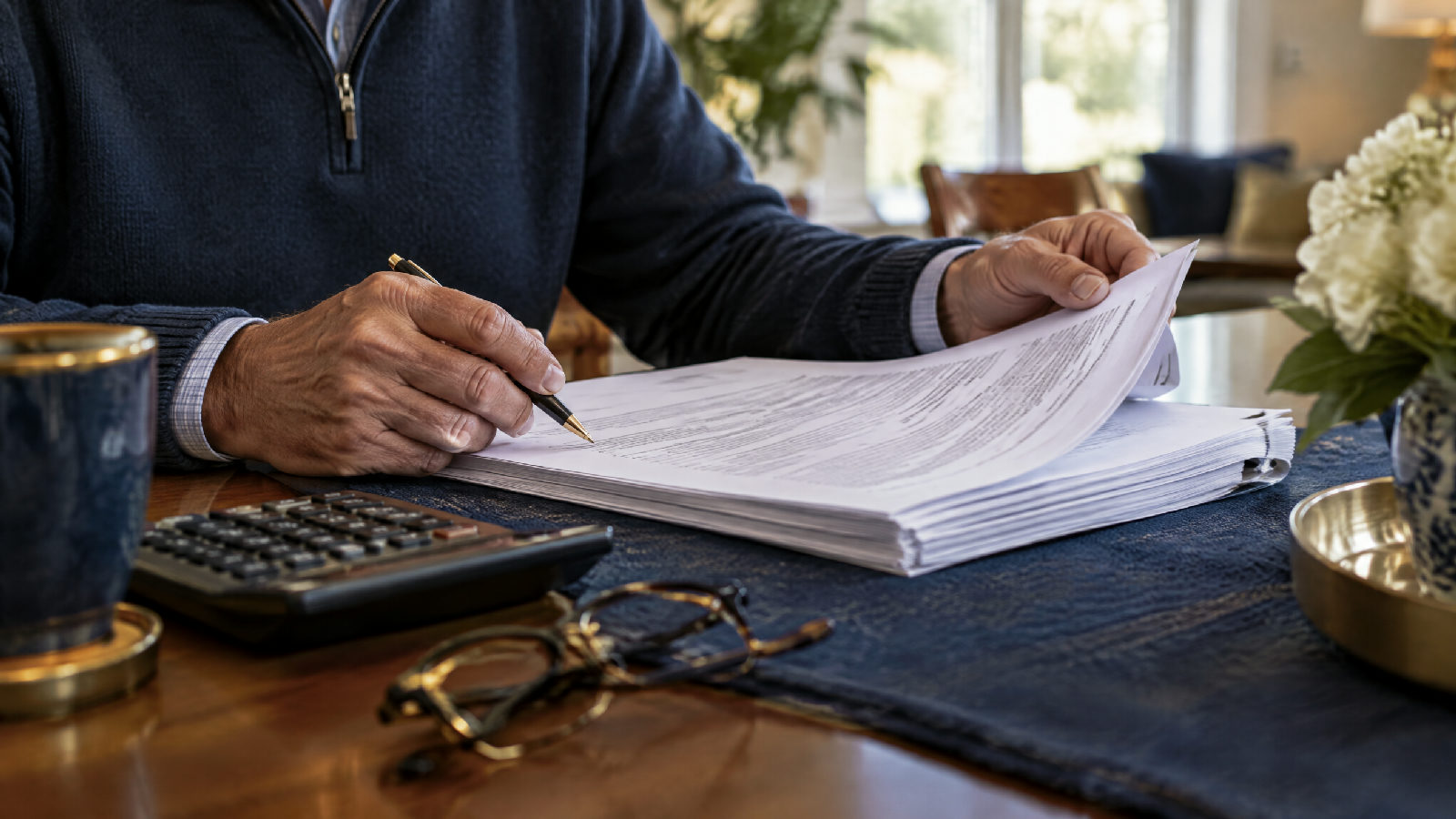 A board member reviewing a thick management contract with a calculator