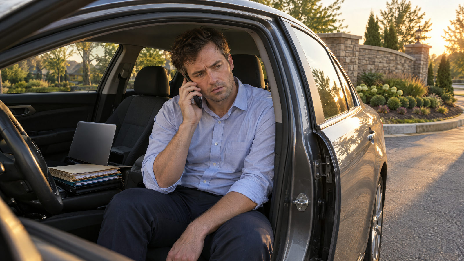 **A slice of one person's time.** The slice shrinks with every community added to the manager's book. A community manager on the phone in his parked car between site visits, folders and a laptop on the passenger seat