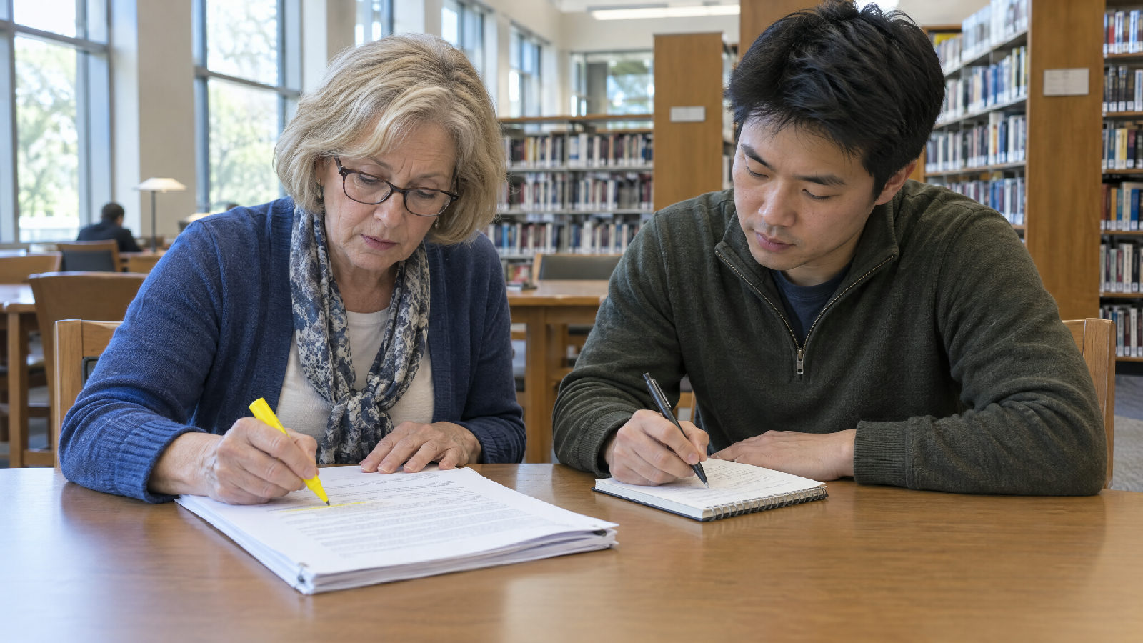 **Run it against your own contract.** Vendor markups, caseload, records access and financial transparency, checked one by one. Two board members at a library table reading through their management contract with a highlighter