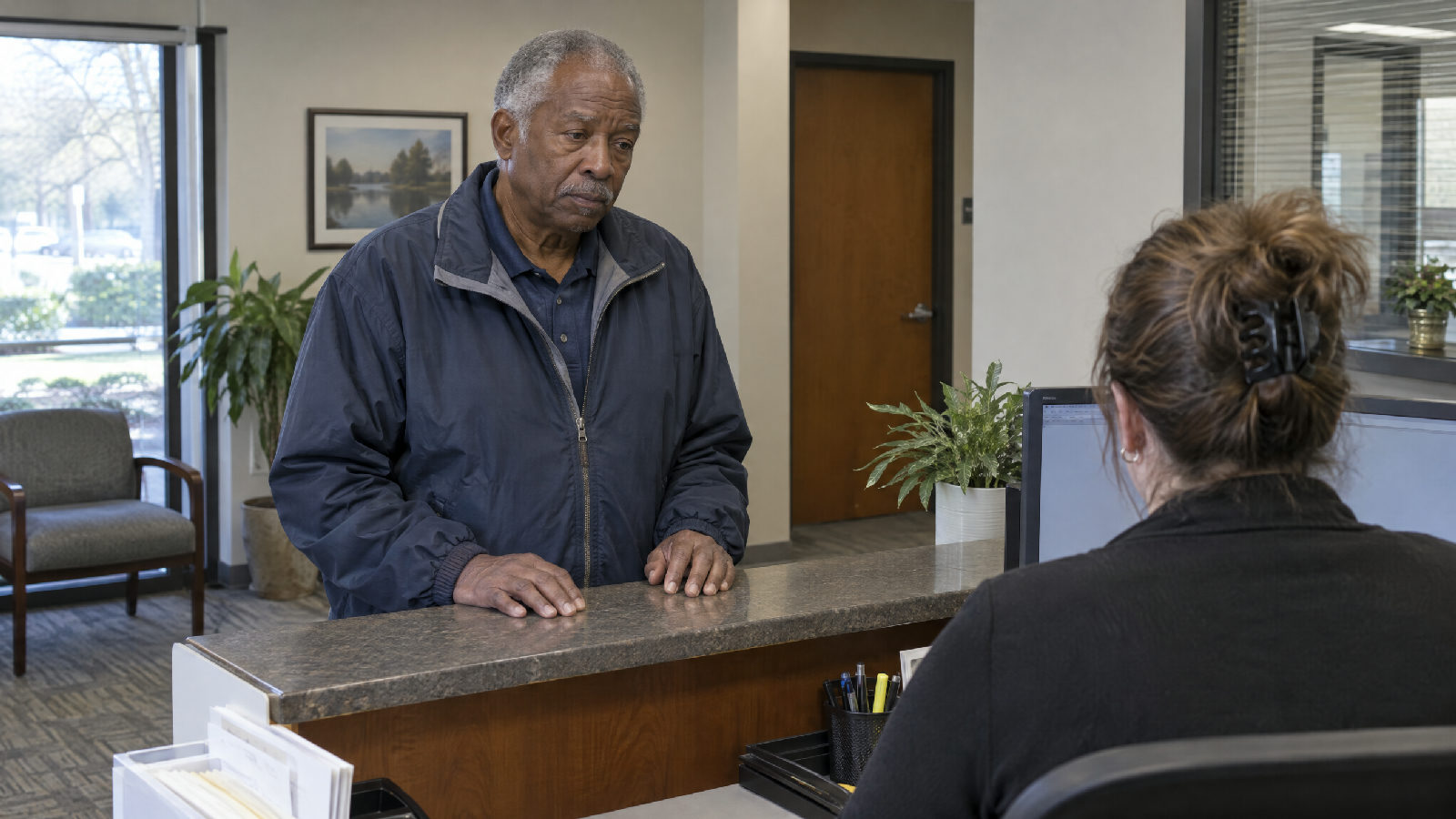 **Owned by the association, held by the company.** The cost shows up the day the board needs its own history back. A board member waiting at a management office reception counter while the receptionist looks up something on her screen
