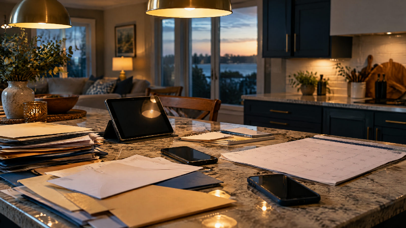 A kitchen counter covered with scattered folders, envelopes and devices