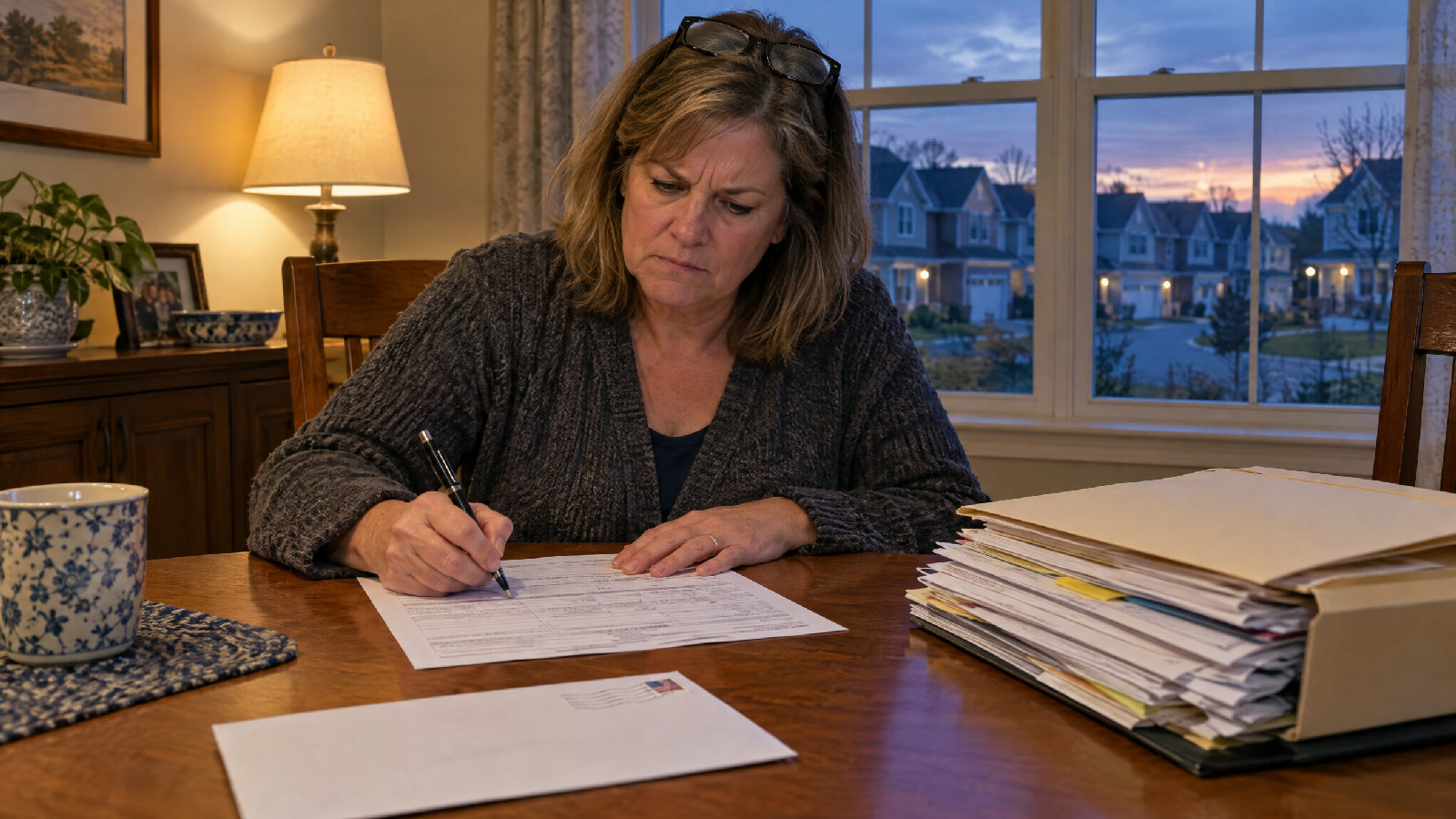 A homeowner at her dining table filling out a paper complaint form beside a folder of printed letters and an envelope