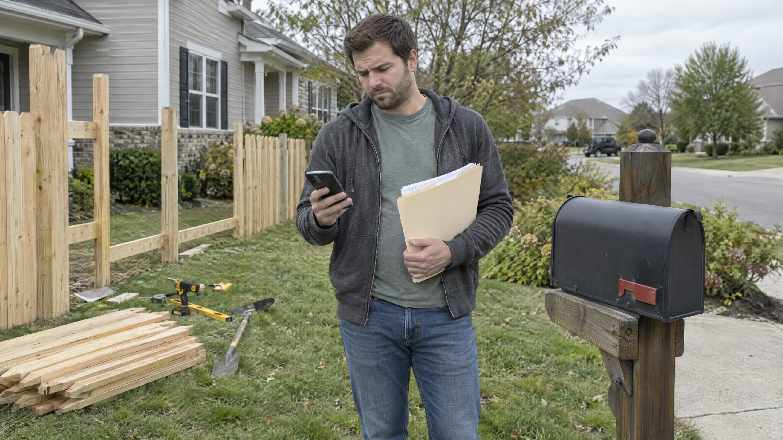 A homeowner beside a half-built fence holding a folder of plans, checking his phone at the mailbox