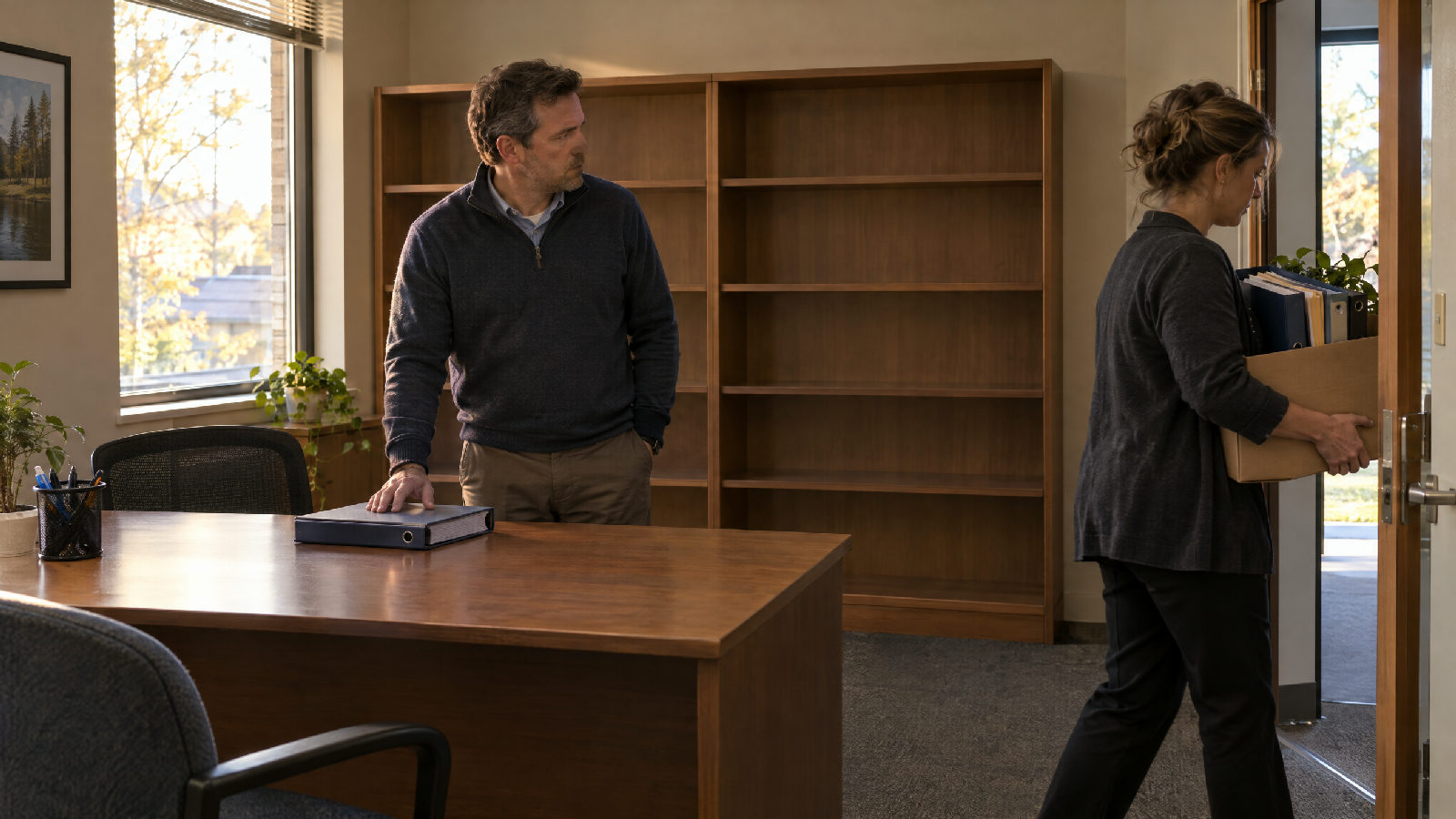 A departing manager carrying a box of binders out while a board member stands at the emptied desk