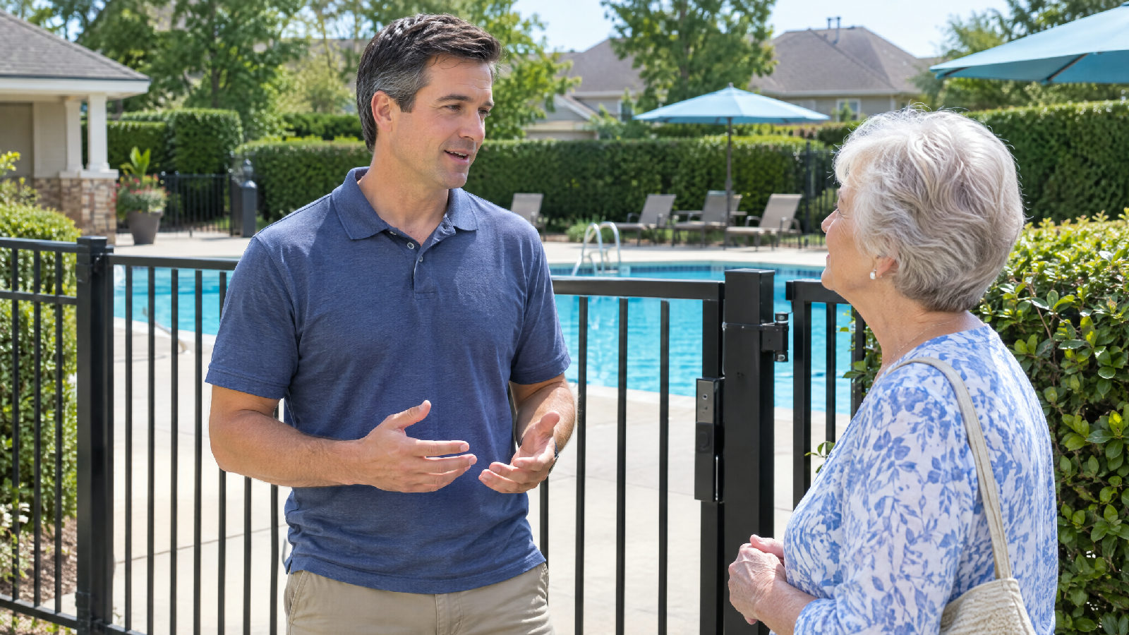 A volunteer board member calmly answering an older neighbour's question at the community pool gate