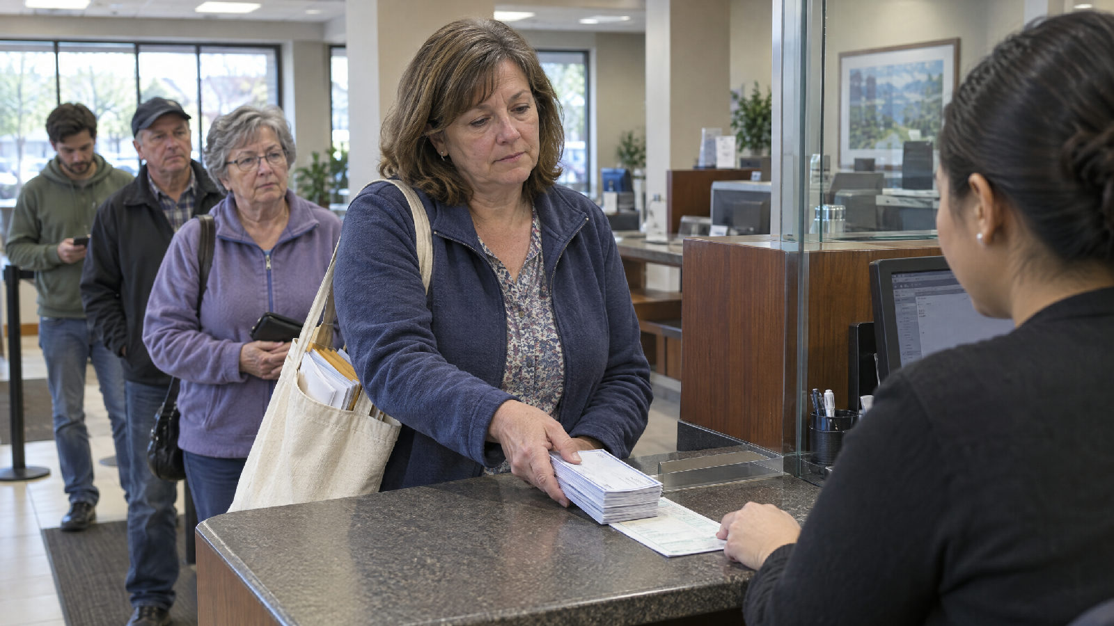A volunteer treasurer handing a bundle of paper checks to a bank teller on a Saturday morning
