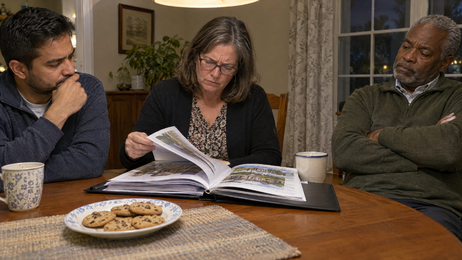 Three board members at a dining table weighing a thick glossy proposal folder in the evening