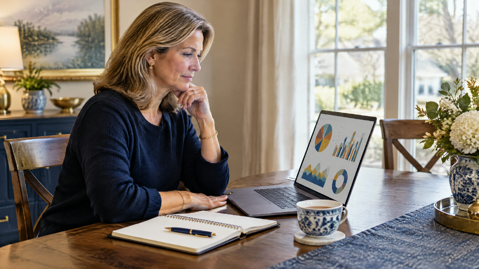A treasurer reviewing colorful charts on a laptop