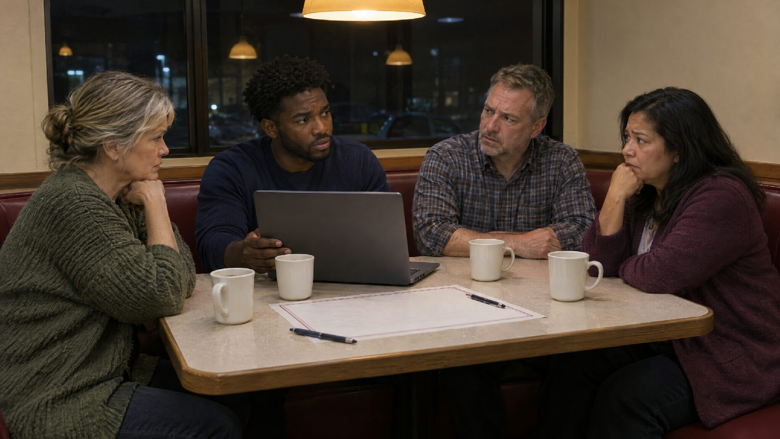 Four board members in a diner booth at night, one turning a laptop toward the others while they glance at each other in uncertain silence