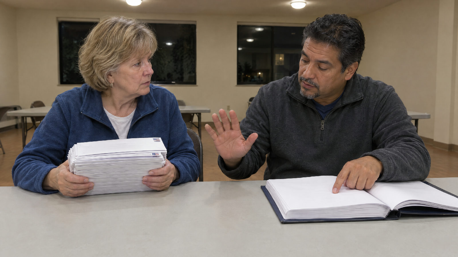 Two board members at a folding table, one holding a stack of sealed envelopes while the other stops her and points to a page in a thick bound document