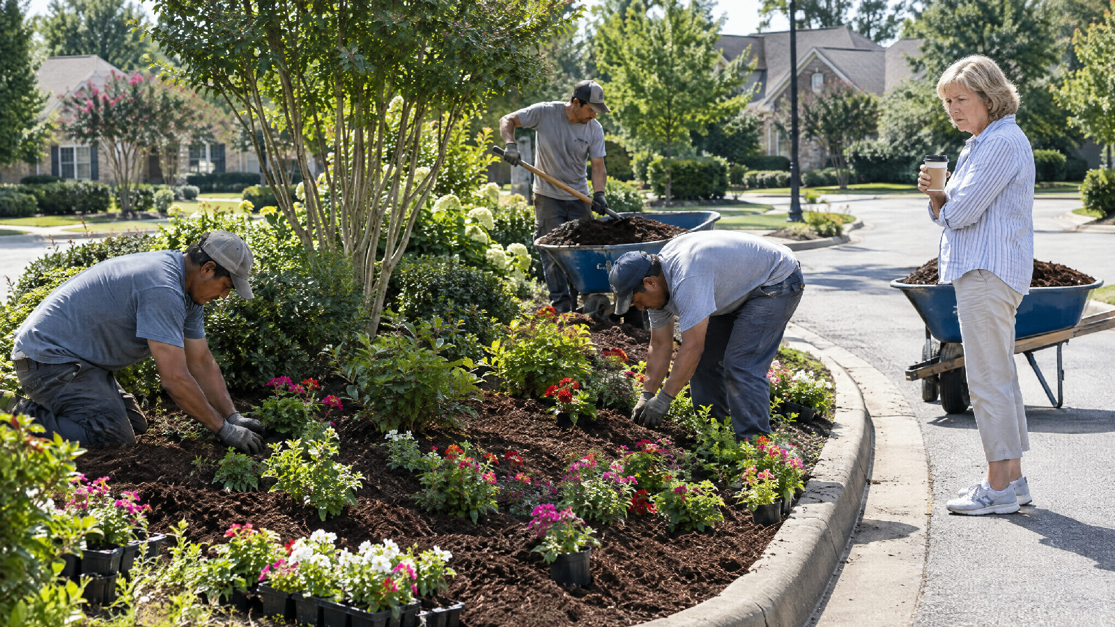 A board member on a curb with a coffee cup watching a landscaping crew plant a large new flower bed at the community entrance, looking uneasy
