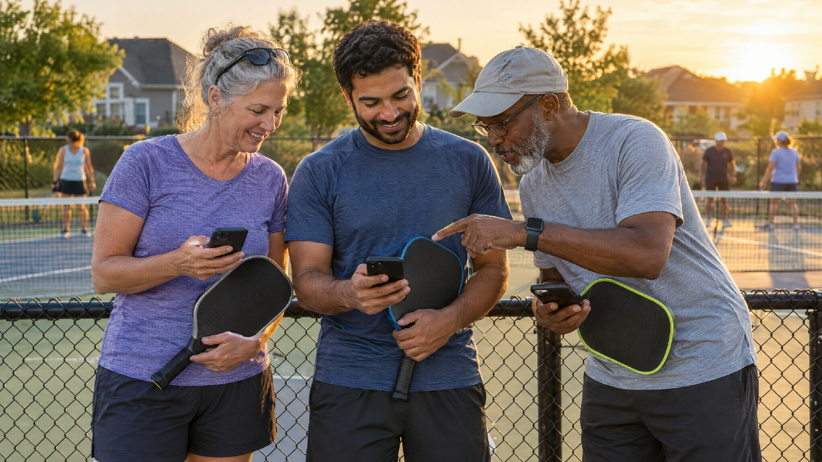 Three board members holding pickleball paddles at the court fence, each looking at their own phone while one points at another's screen