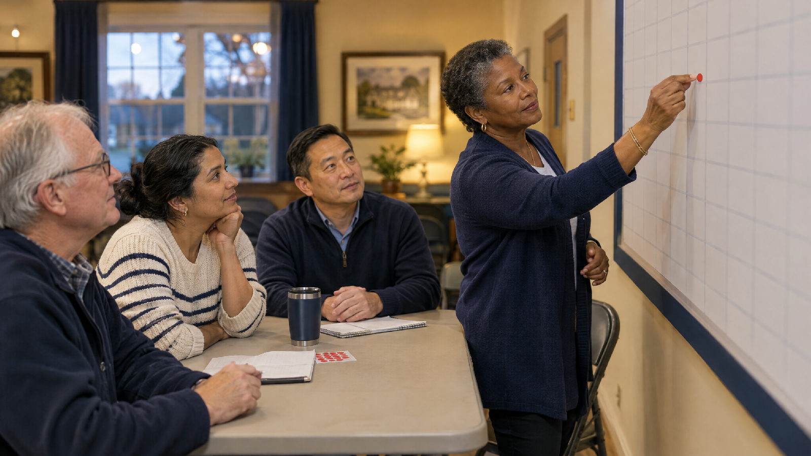 A board of four neighbours at a folding table in a community clubhouse on a weeknight, one pressing a single red sticky dot onto a large wall planner while the others watch
