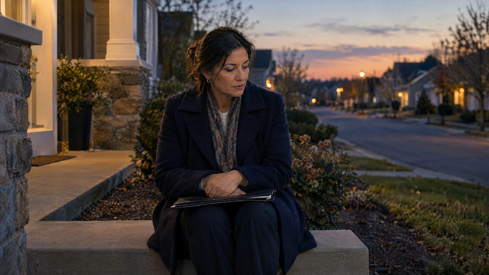 A board member sitting on her front steps at dusk after a meeting, coat still on, a closed folder on her knees, looking down an empty suburban street